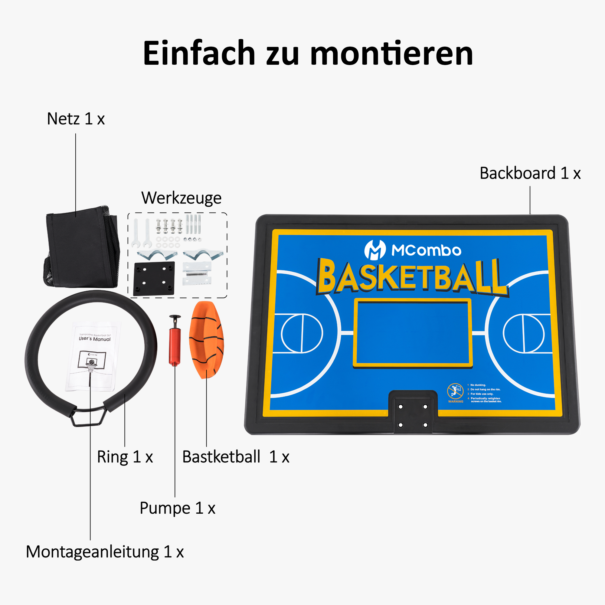 M MCombo Trampoline Basketball Hoop Outdoor, Trampoline Accessory Set, Basketball Hoop Trampoline Children, Mini Basketball Hoop for Trampoline Backboard + Basketball + Ring + Net + Ball Pump BH07 (Blue / Red)