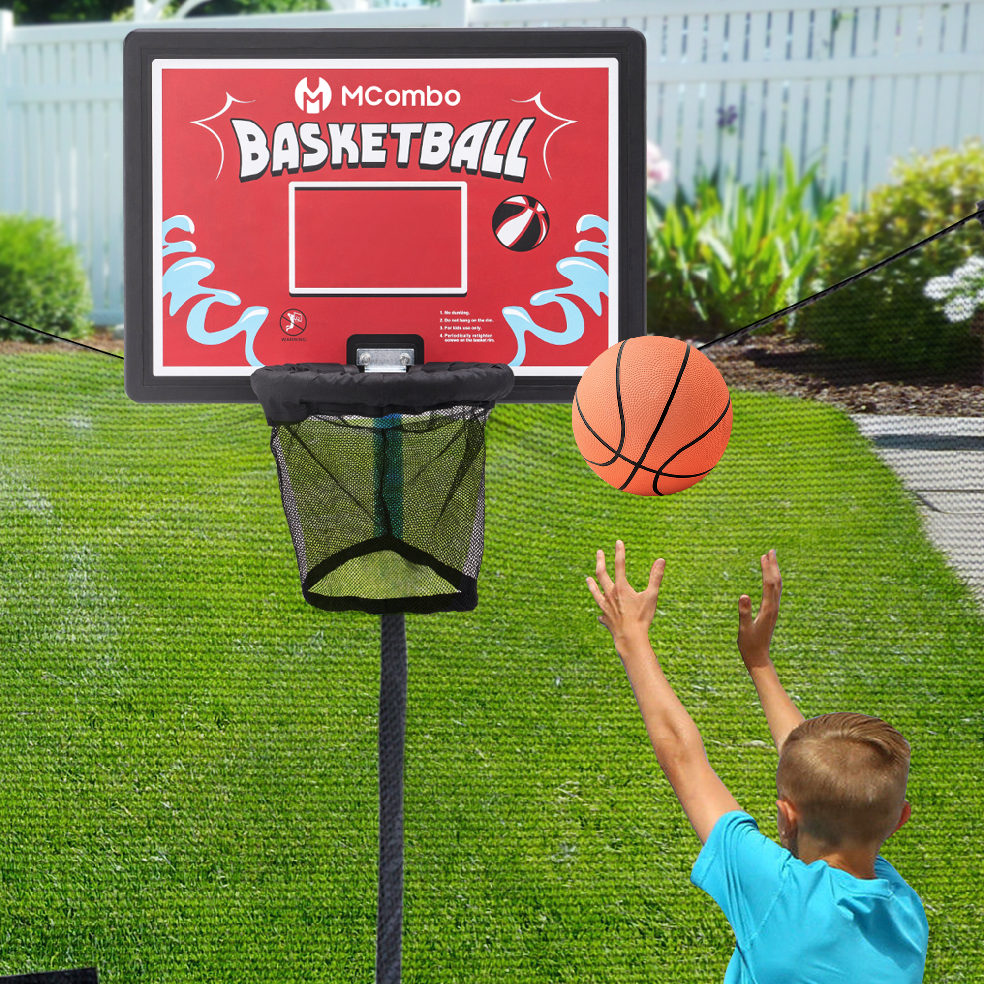 M MCombo Trampoline Basketball Hoop Outdoor, Trampoline Accessory Set, Basketball Hoop Trampoline Children, Mini Basketball Hoop for Trampoline Backboard + Basketball + Ring + Net + Ball Pump BH07 (Blue / Red)