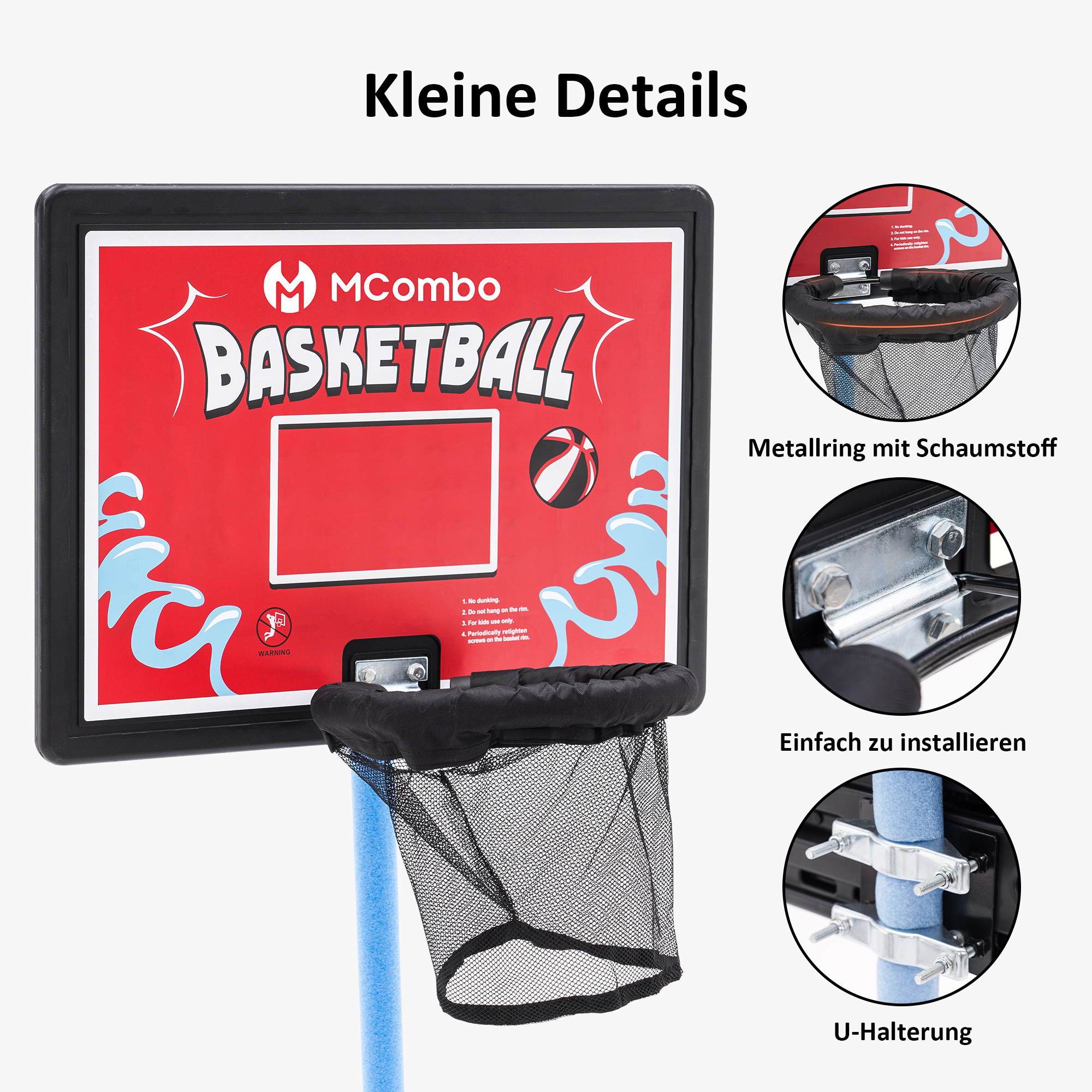 M MCombo Trampoline Basketball Hoop Outdoor, Trampoline Accessory Set, Basketball Hoop Trampoline Children, Mini Basketball Hoop for Trampoline Backboard + Basketball + Ring + Net + Ball Pump BH07 (Blue / Red)