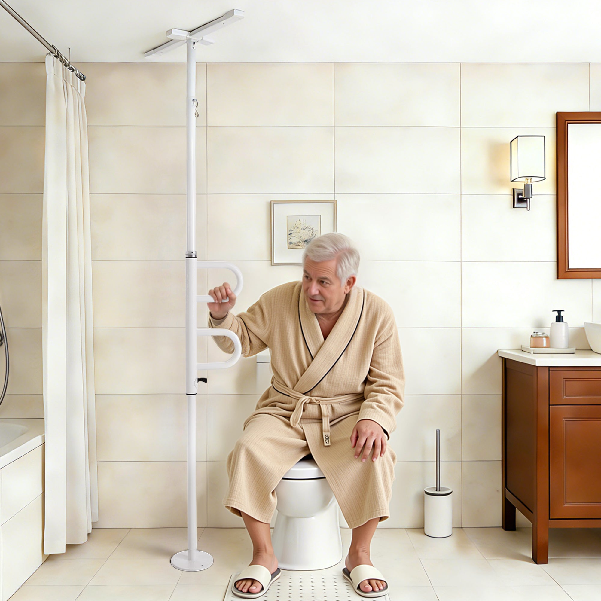 M MCombo Sicherheitsstange 3-fach Höhenverstellbar, mit 2 Haltegriffen Drehbar, Haltestange vom boden bis zur Decke 231-275CM Aufstehhilfe senioren & Toilette 136kg Tragbar TD01CW (Weiß)