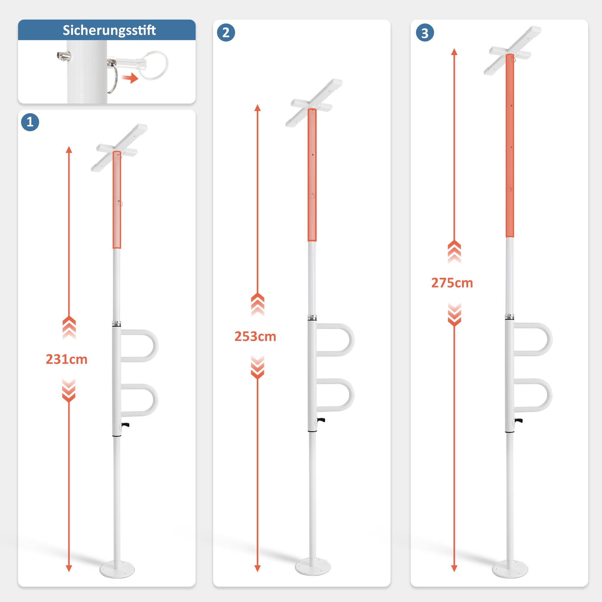 M MCombo Sicherheitsstange 3-fach Höhenverstellbar, mit 2 Haltegriffen Drehbar, Haltestange vom boden bis zur Decke 231-275CM Aufstehhilfe senioren & Toilette 136kg Tragbar TD01CW (Weiß)