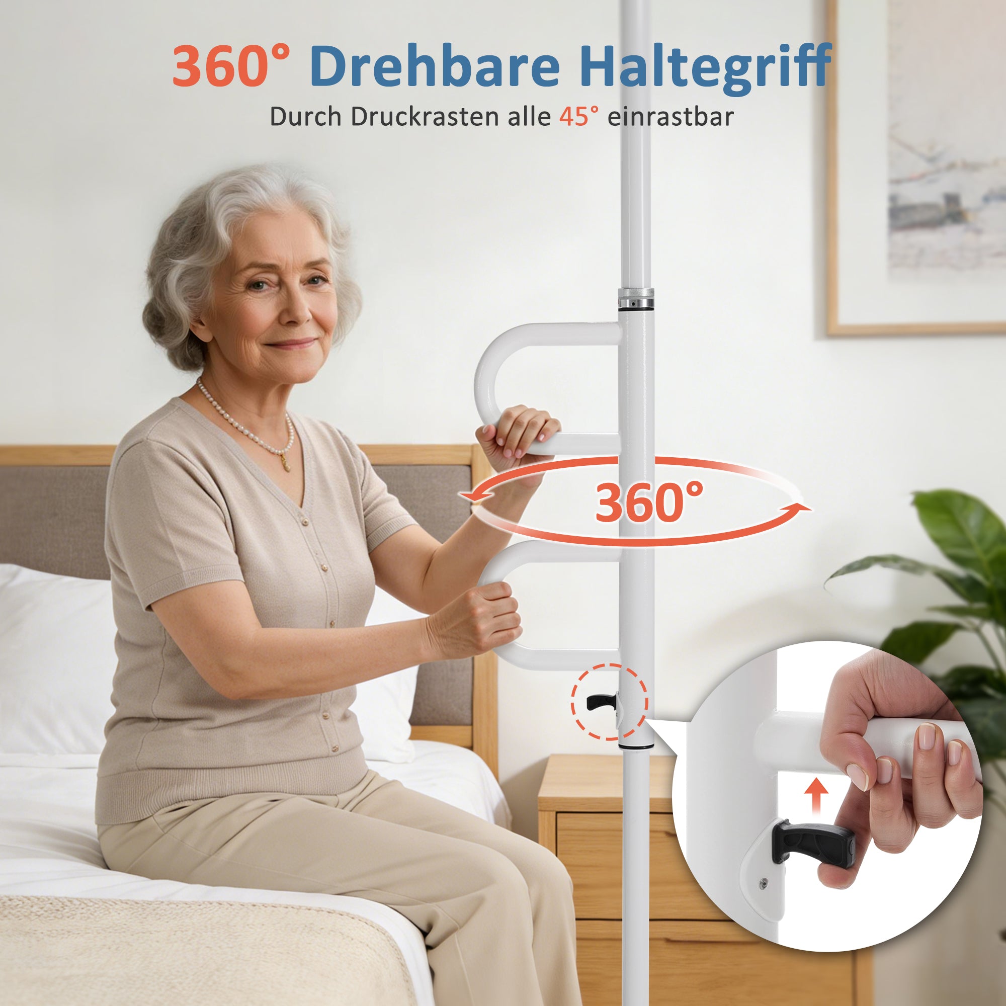 M Mcombo Sicherheitsstange 205-300CM Höhenverstellbar, mit 2 Haltegriffen Drehbar, Haltestange vom Boden bis zur Decke, Aufstehhilfe Senioren & Toilette 136kg Tragbar TD01CW (Weiß)