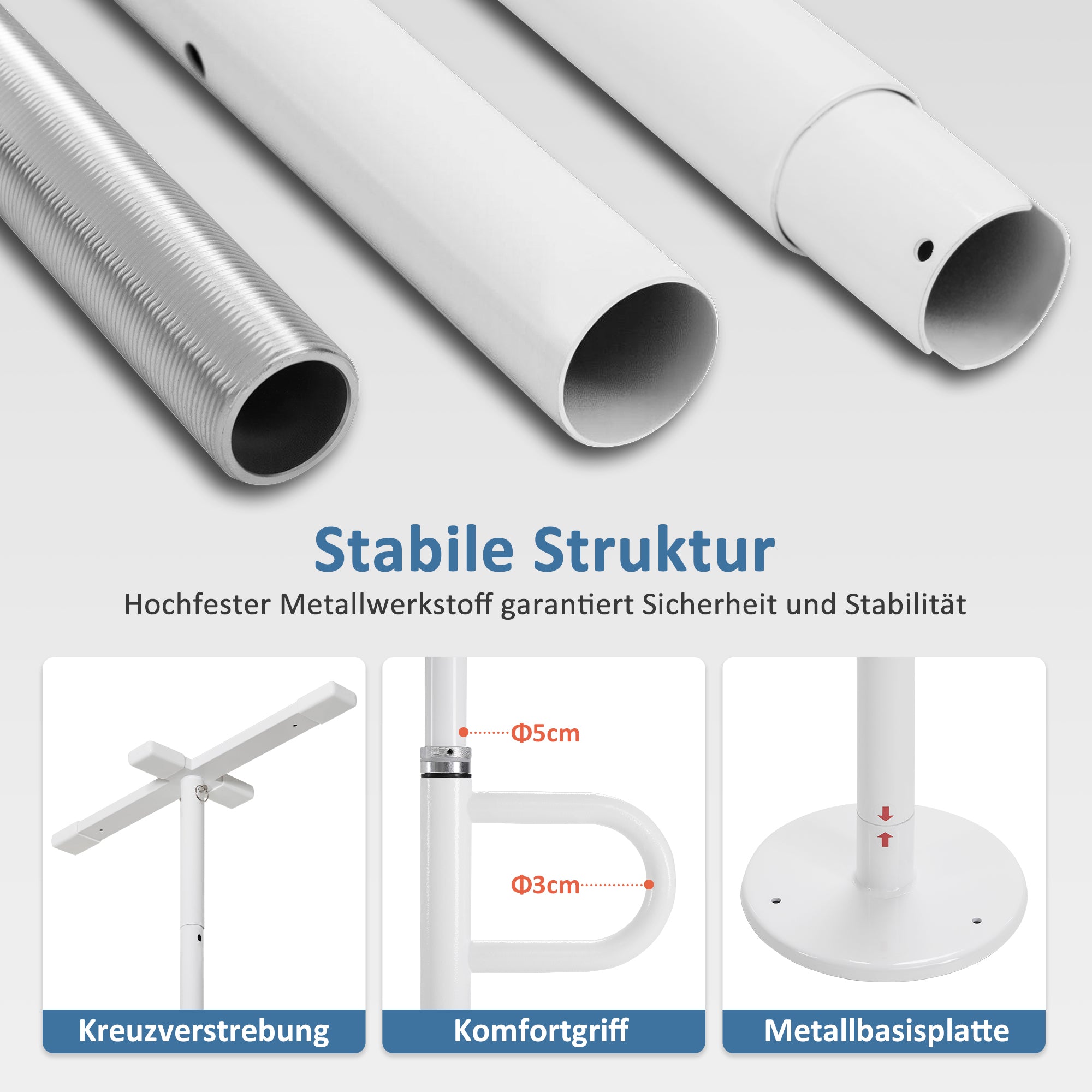 M Mcombo Sicherheitsstange 205-300CM Höhenverstellbar, mit 2 Haltegriffen Drehbar, Haltestange vom Boden bis zur Decke, Aufstehhilfe Senioren & Toilette 136kg Tragbar TD01CW (Weiß)