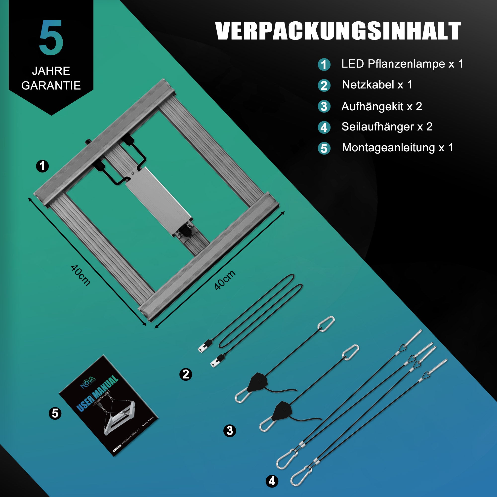 NovaGrove Pflanzenlampe LED Vollspektrum IR, 150W Grow Lampe für Growbox 60x60cm, Grow Light mit Dimmbar & Daisy Chain, PR15