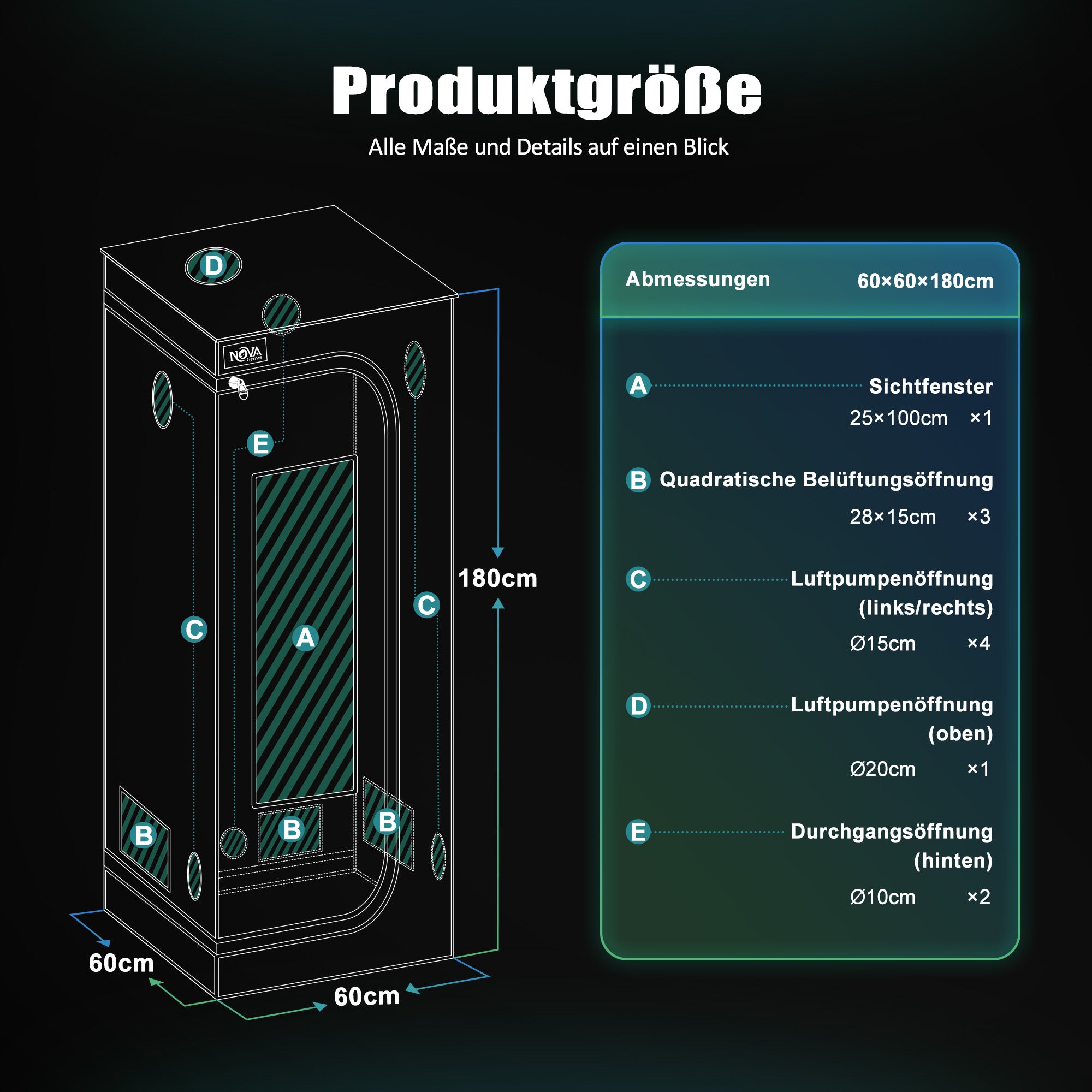 NovaGrove Growzelt, Growbox mit 1680D robuster & wasserdichter Außenschicht, hochreflektierender Aluminium-Innenbeschichtung, Grow Tent mit großem Sichtfenster & Bodenwanne, A06/A09/A12 (Schwarz)