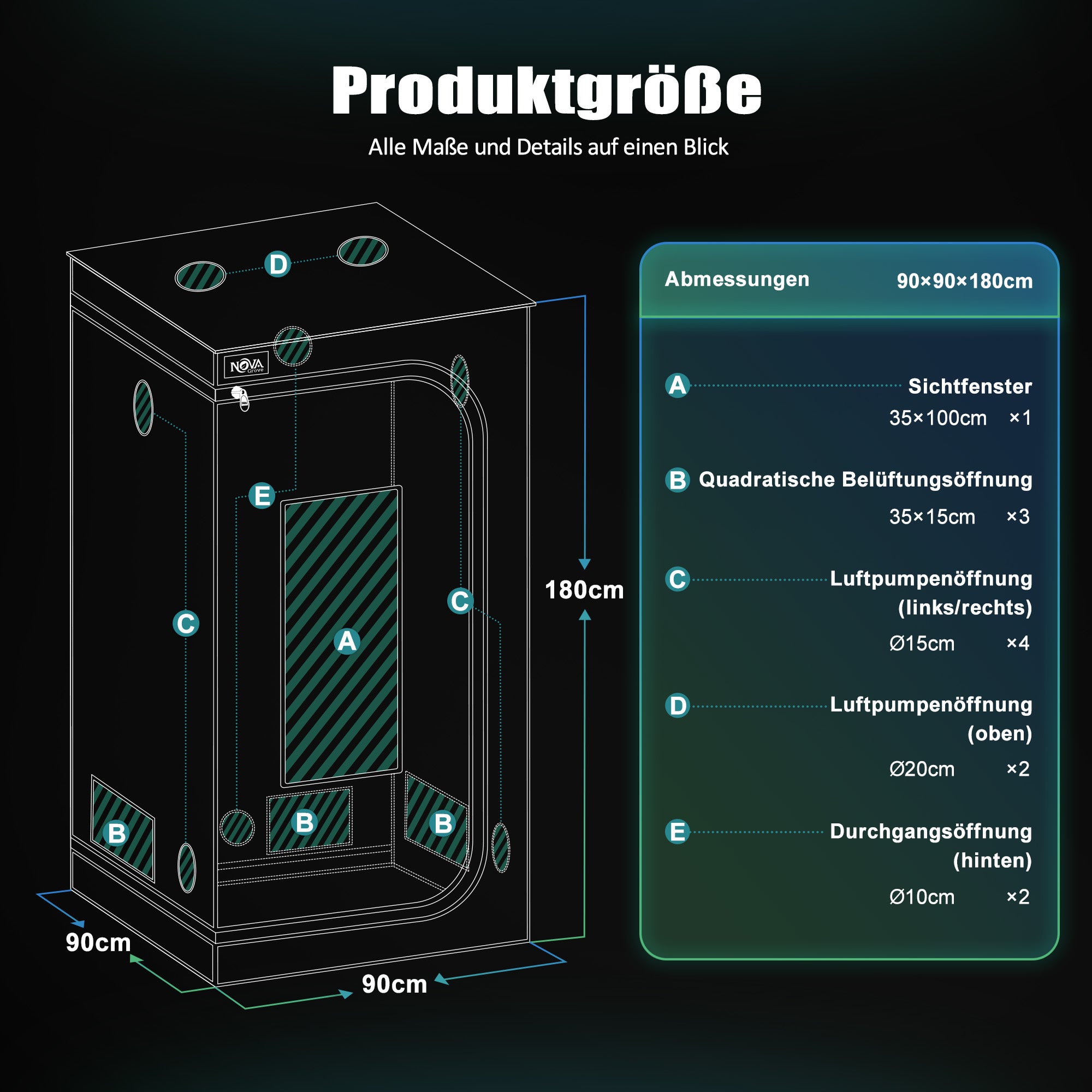 NovaGrove Growzelt, Growbox mit 1680D robuster & wasserdichter Außenschicht, hochreflektierender Aluminium-Innenbeschichtung, Grow Tent mit großem Sichtfenster & Bodenwanne, A06/A09/A12 (Schwarz)