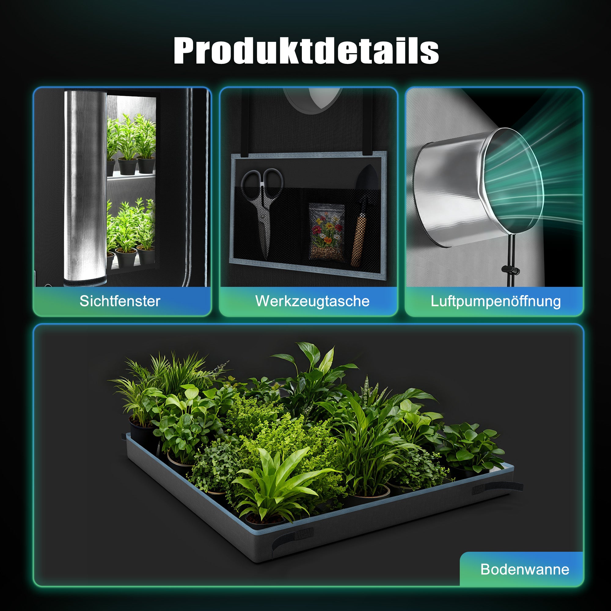 NovaGrove Growzelt, Growbox mit 1680D robuster & wasserdichter Außenschicht, hochreflektierender Aluminium-Innenbeschichtung, Grow Tent mit großem Sichtfenster & Bodenwanne, A06/A09/A12 (Schwarz)