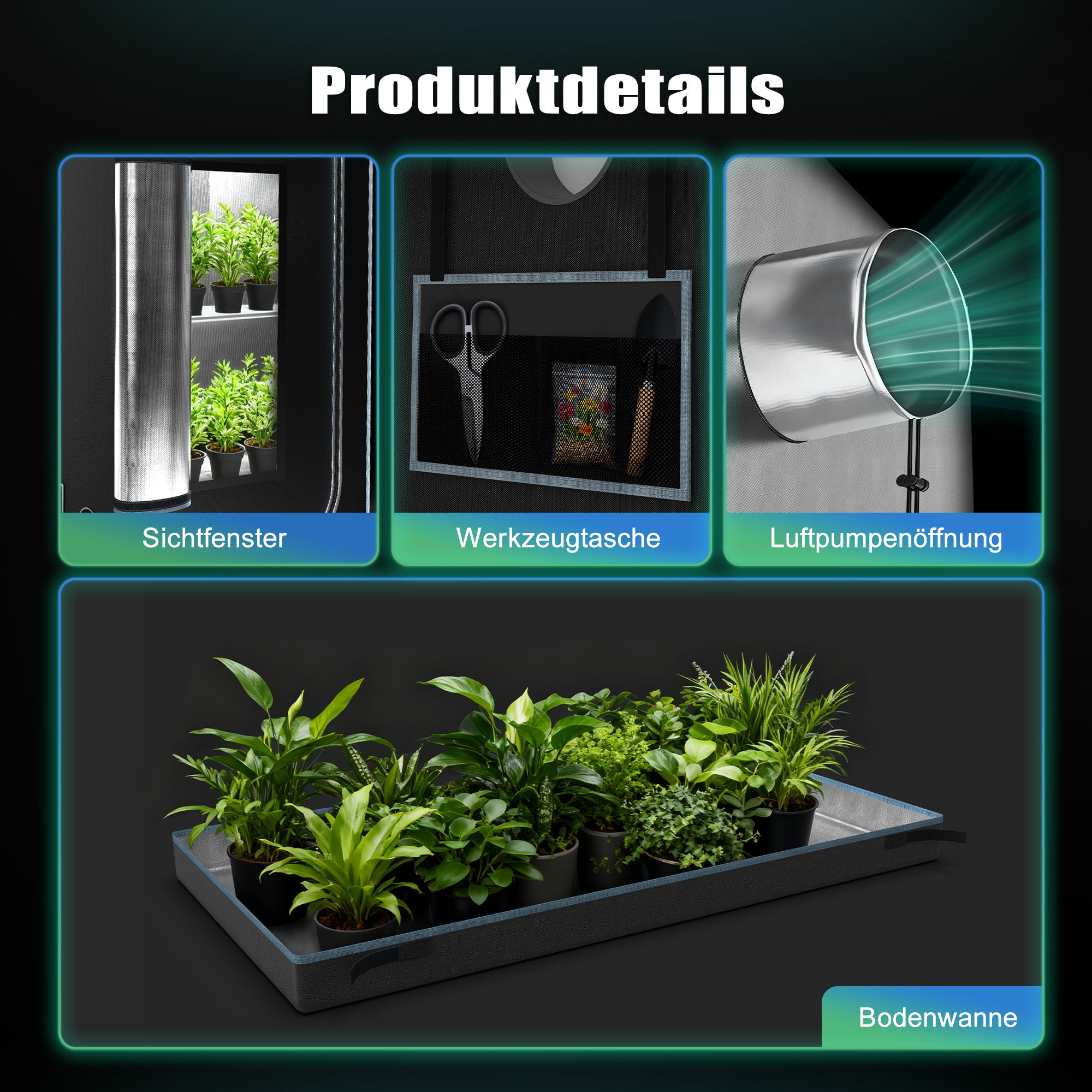 NovaGrove Growzelt, Growbox mit 1680D robuster & wasserdichter Außenschicht, hochreflektierender Aluminium-Innenbeschichtung, Grow Tent mit großem Sichtfenster & Bodenwanne, A06/A09/A12 (Schwarz)