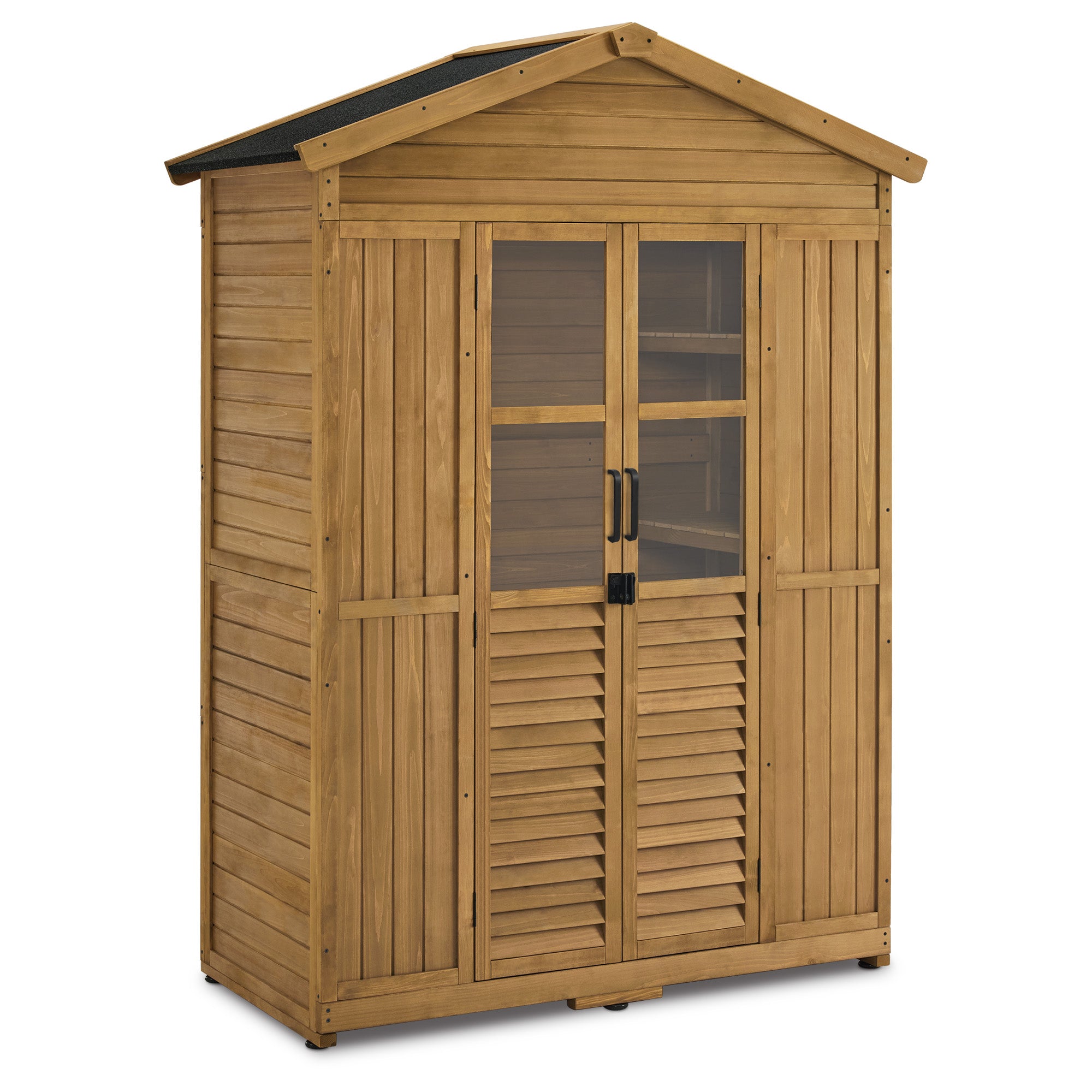 M MCombo Gartenschrank Gartenhaus Holz Wetterfest, Geräteschrank Holzschrank Outdoor Wasserdicht Begehbar, für Außenbereich Balkon Terrasse, Gerätehaus mit 6 feste Regale 74×143×200 cm, 1743 (Natur)