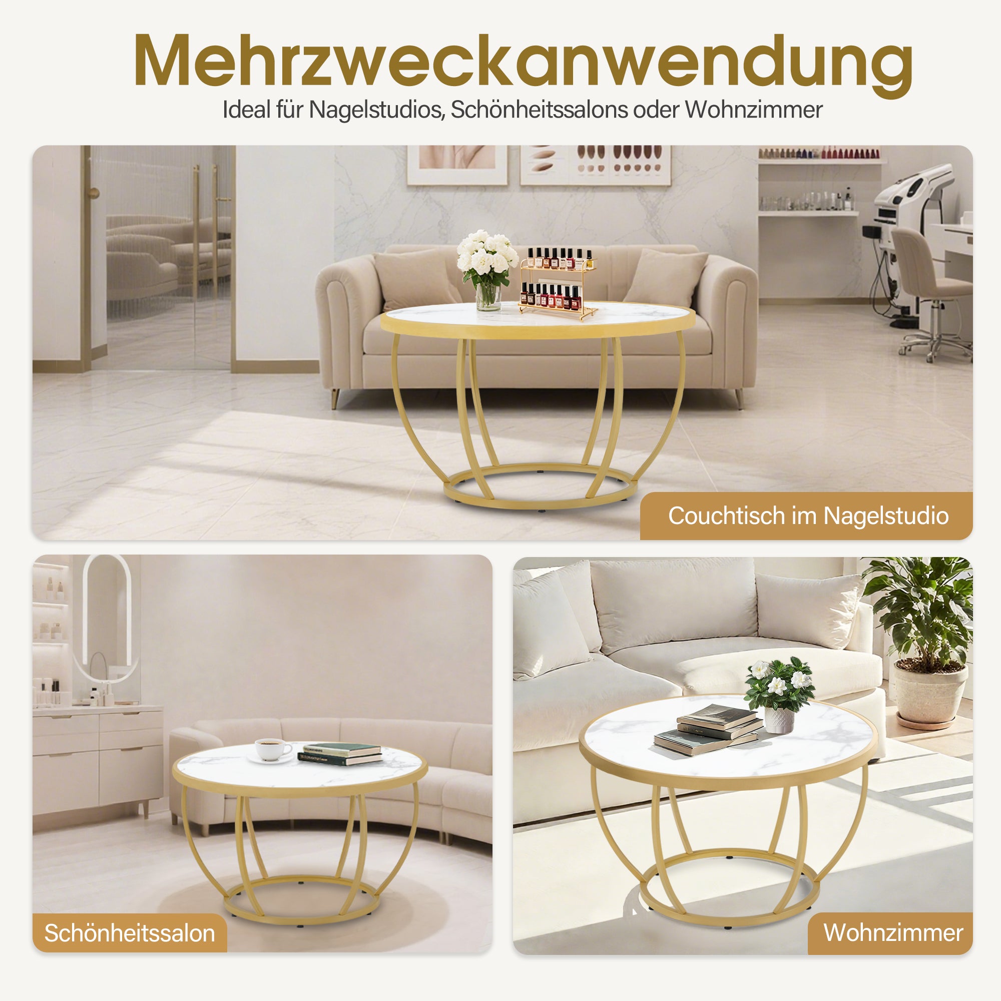 MCombo Round Wooden Coffee Table, Modern Sofa Table, Small Metal Side Table, Coffee Table for Living Room, Beauty Salon, Living Room Table Marble-White Gold, 80 x 80 x 46.5 cm, 2185