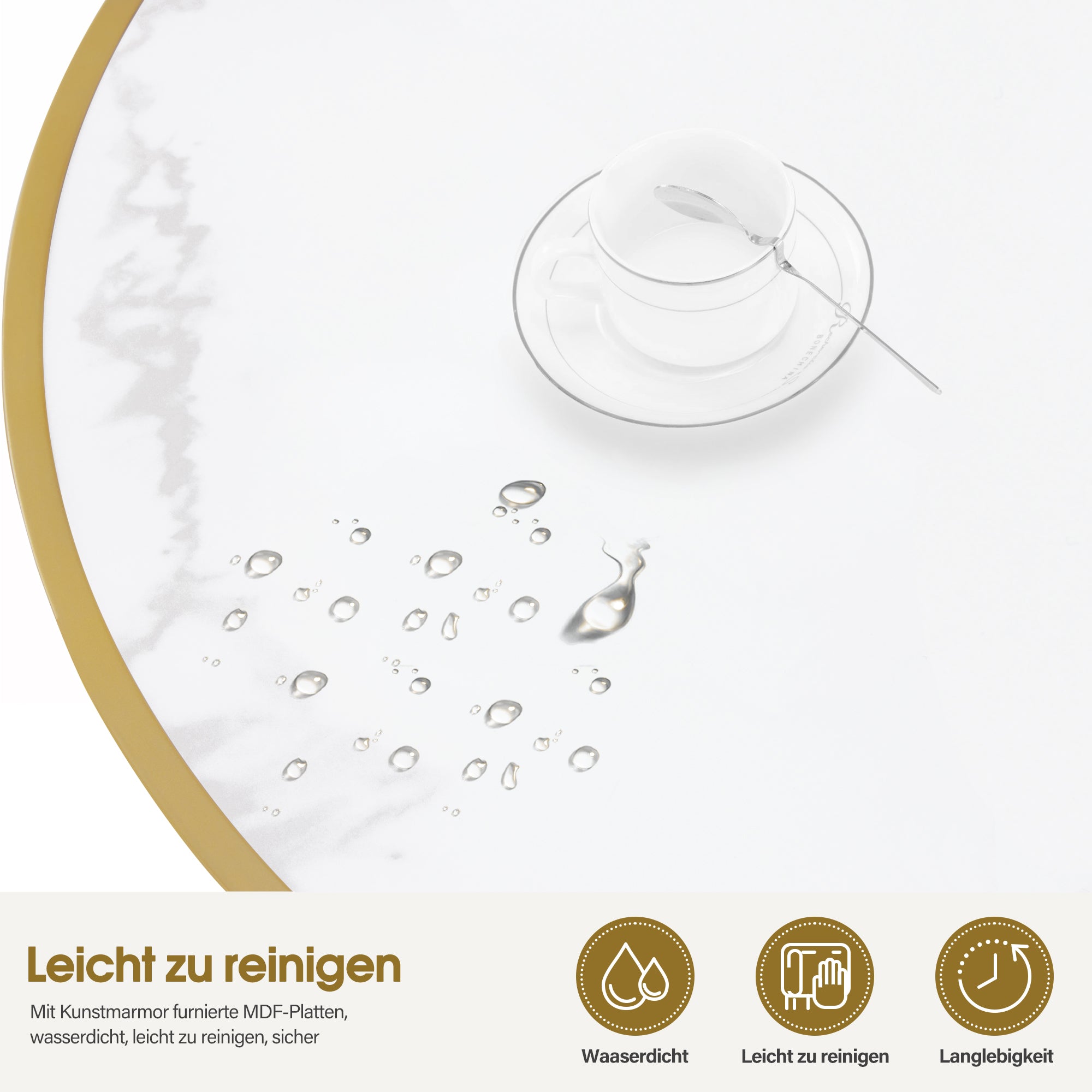 MCombo Round Wooden Coffee Table, Modern Sofa Table, Small Metal Side Table, Coffee Table for Living Room, Beauty Salon, Living Room Table Marble-White Gold, 80 x 80 x 46.5 cm, 2185