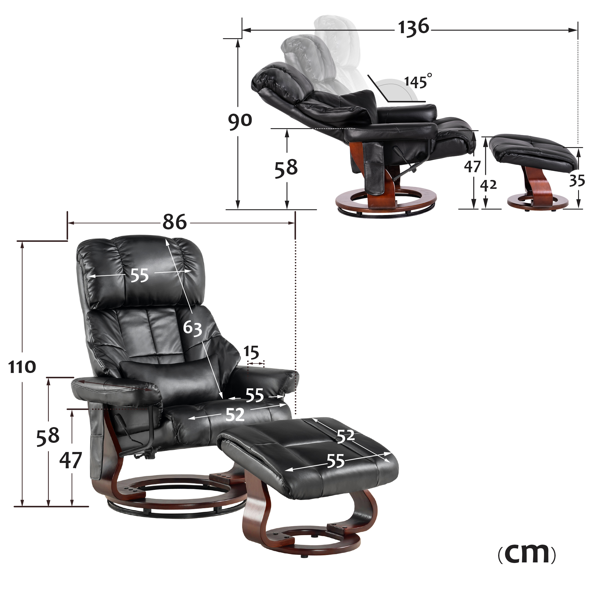 MCombo massage chair with stool, 360° rotating reclining chair, modern TV chair with side pocket for living room, faux leather, 9068