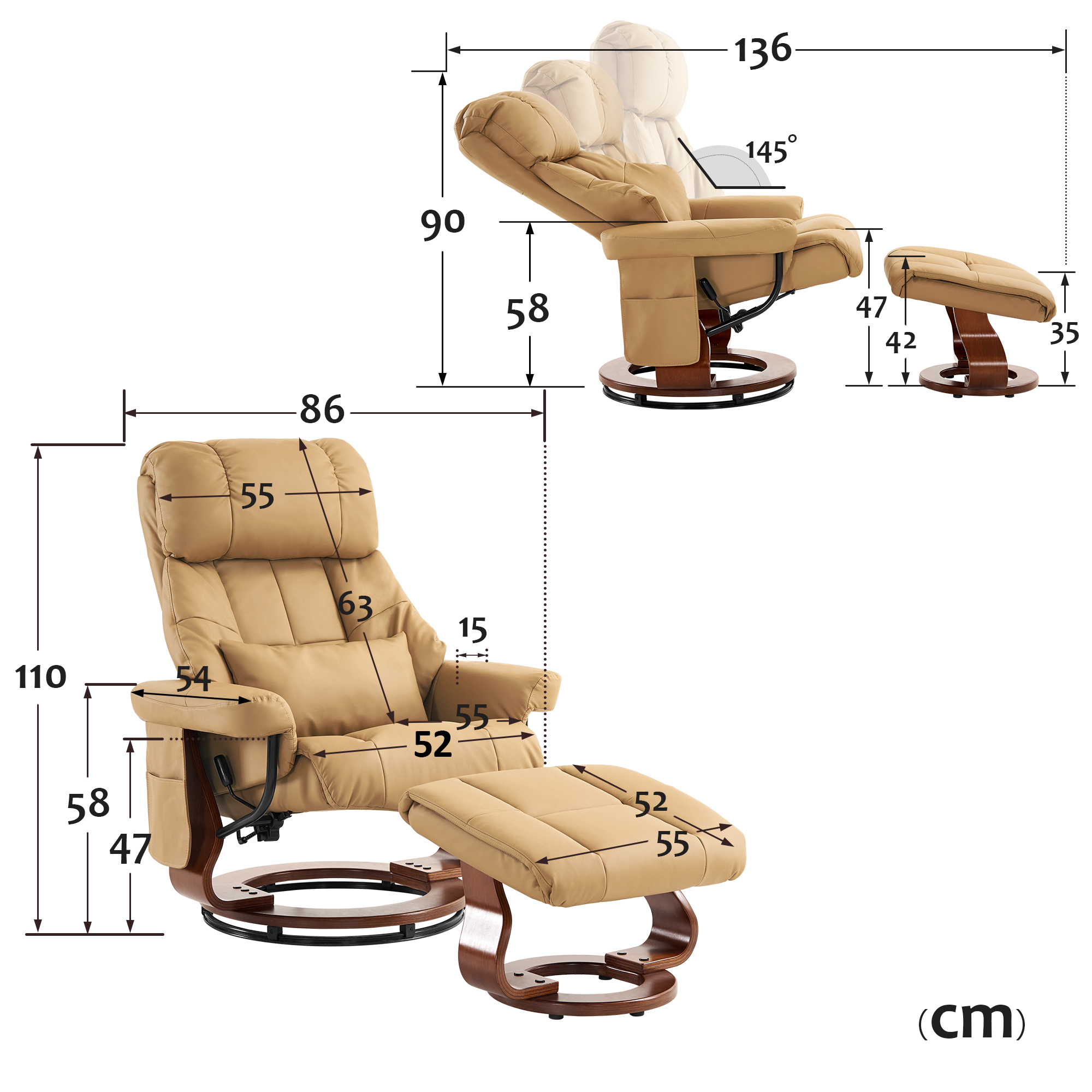 MCombo massage chair with stool, 360° rotating reclining chair, modern TV chair with side pocket for living room, faux leather, 9068