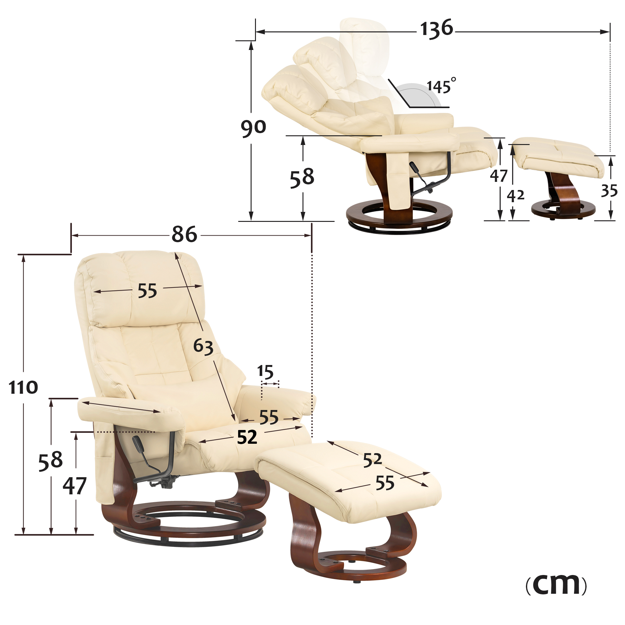 MCombo massage chair with stool, 360° rotating reclining chair, modern TV chair with side pocket for living room, faux leather, 9068
