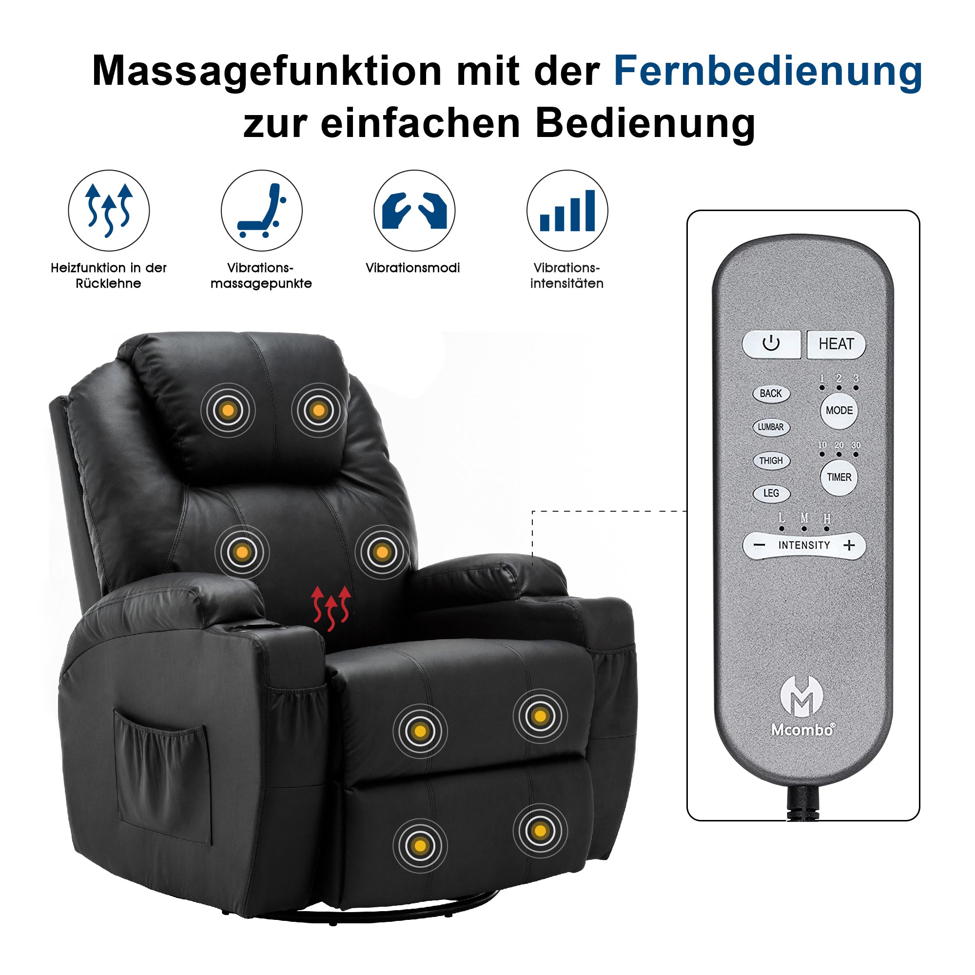 M MCombo Massagesessel Fernsehsessel Relaxsessel 7020, mit Heizung, Dreh 360° Schaukel, manuell verstellbar (Schwarz-Kunstleder/Grau-Stoff/Dunkelgrau- Mikrofaser)