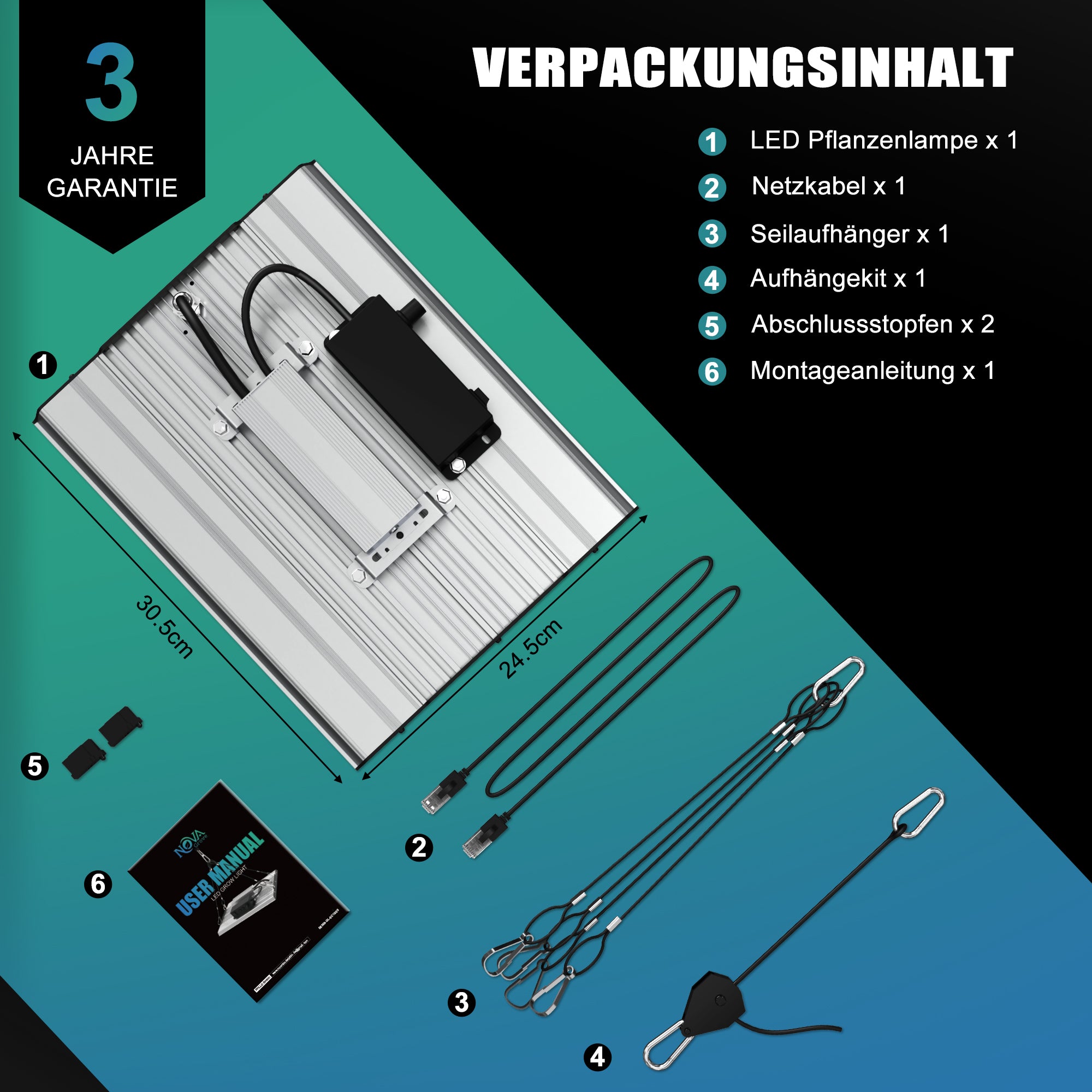 NovaGrove Plant Lamp LED Full Spectrum IR, 150W Grow Lamp for Growbox 60x60cm, Grow Light with Dimmable & Daisy Chain, PR15
