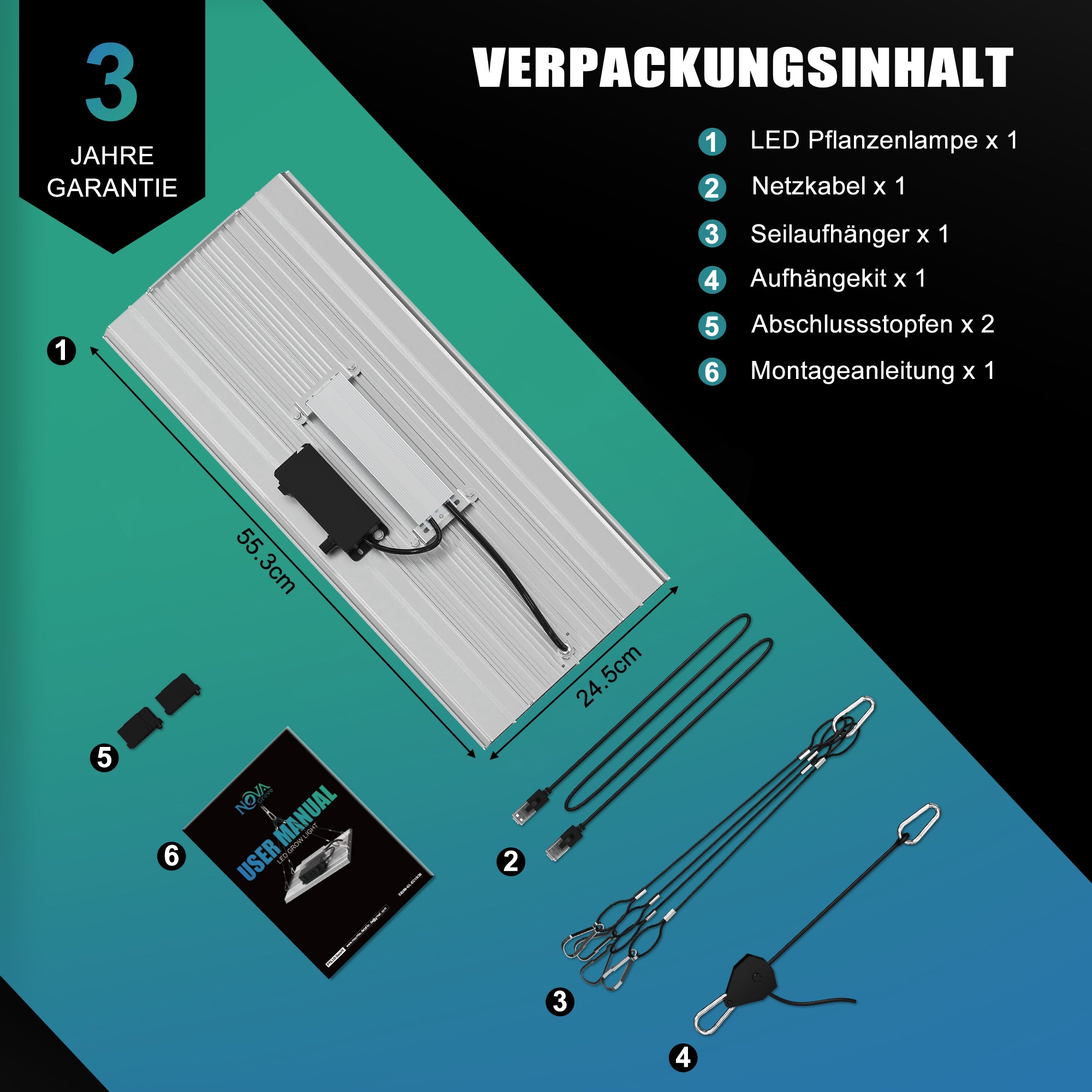 NovaGrove Plant Lamp LED Full Spectrum IR, 150W Grow Lamp for Growbox 60x60cm, Grow Light with Dimmable & Daisy Chain, PR15