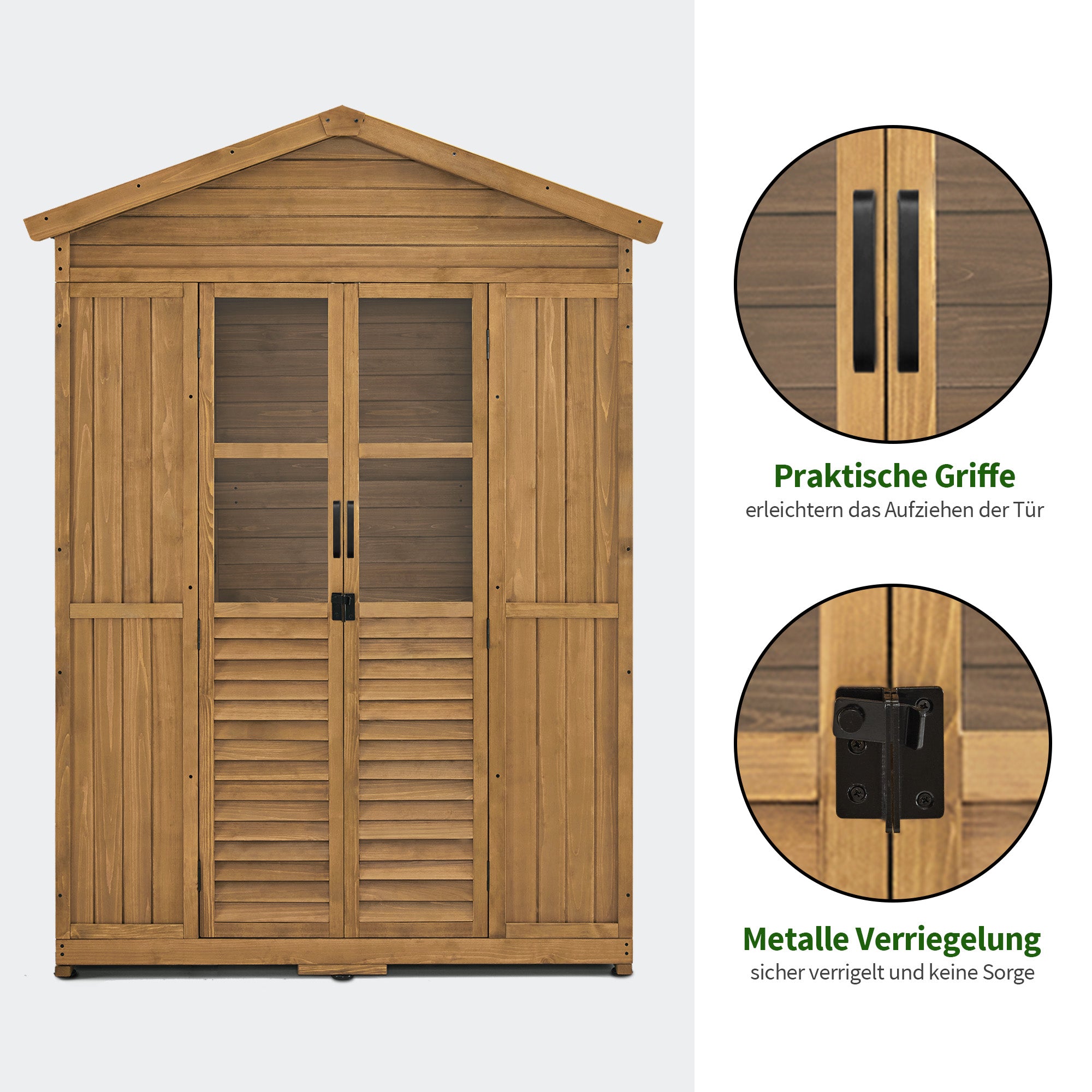 M MCombo Gartenschrank Gartenhaus Holz Wetterfest, Geräteschrank Holzschrank Outdoor Wasserdicht Begehbar, für Außenbereich Balkon Terrasse, Gerätehaus mit 6 feste Regale 74×143×200 cm, 1743 (Natur)