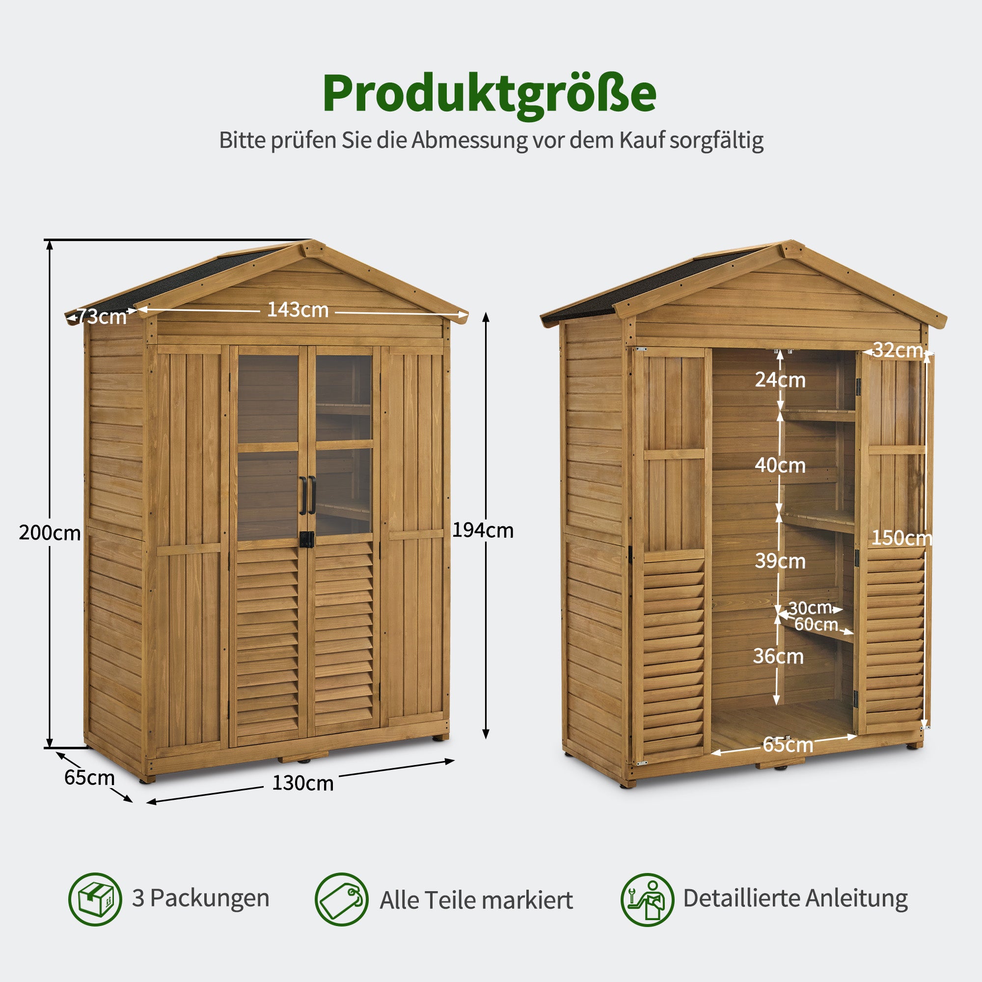 M MCombo Gartenschrank Gartenhaus Holz Wetterfest, Geräteschrank Holzschrank Outdoor Wasserdicht Begehbar, für Außenbereich Balkon Terrasse, Gerätehaus mit 6 feste Regale 74×143×200 cm, 1743 (Natur)