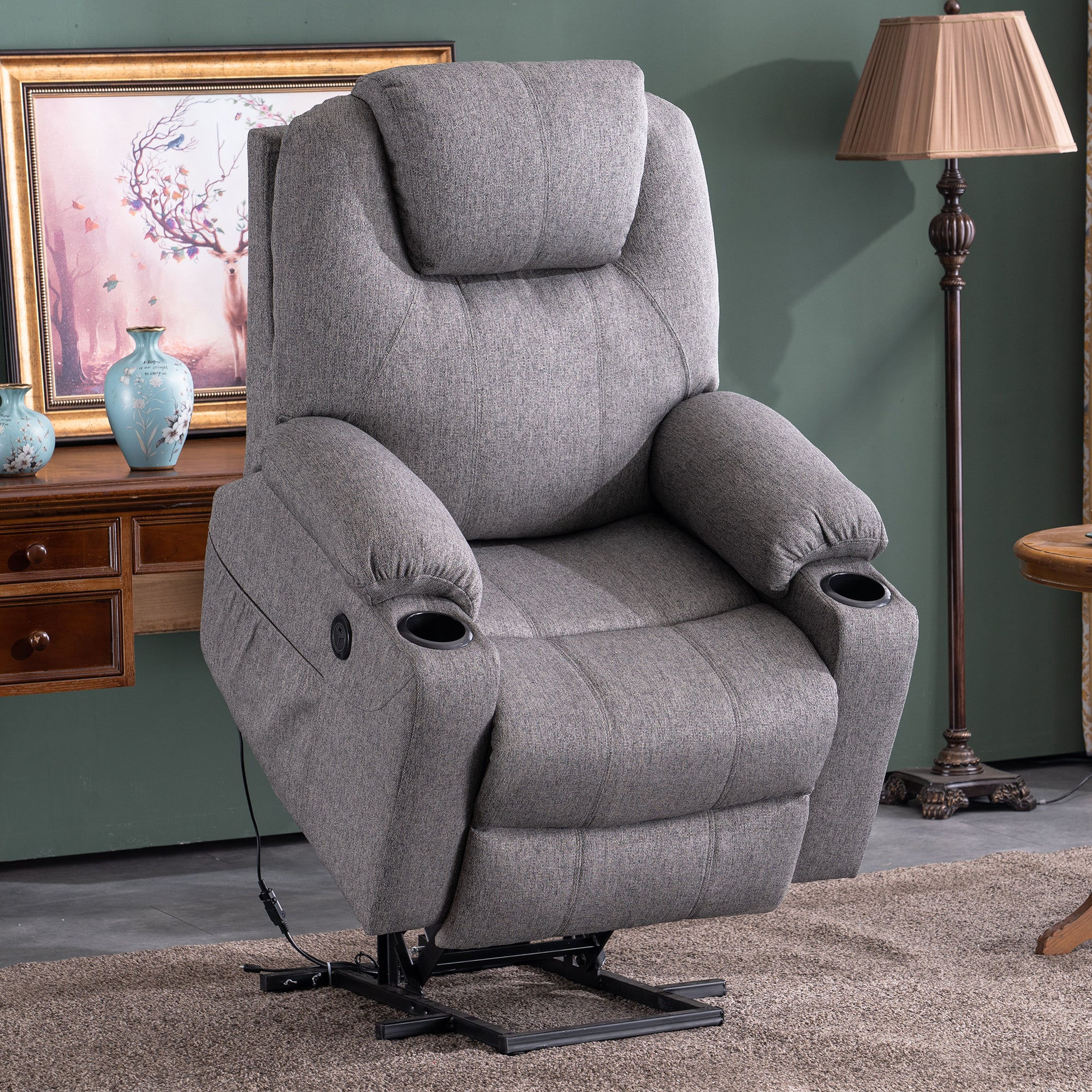 Fauteuil TV M MCombo avec rehausseur électrique, fauteuil inclinable avec fonction d'inclinaison jusqu'à 140°, fauteuil de massage avec fonction chauffante, bouton et télécommande réglables, avec USB, 7040