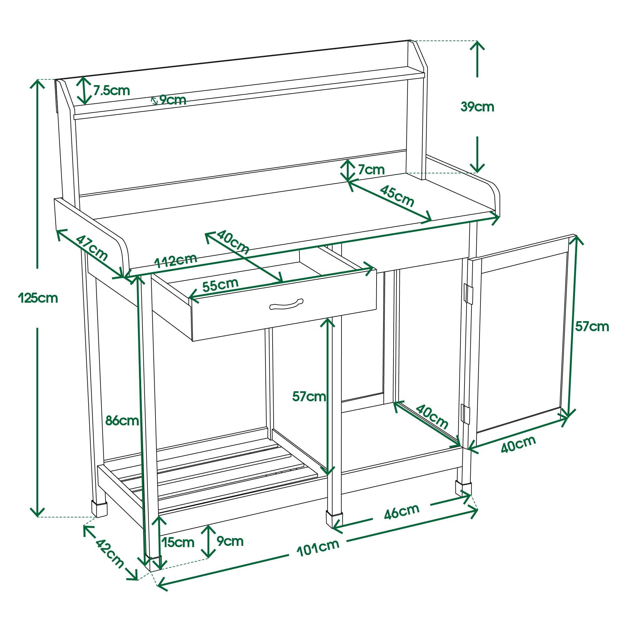 M MCombo Pflanztisch mit Schublade, Ablage, Verzinkter Arbeitsplatte & Schrank, Gärtnertisch Wetterfest mit 3 Haken, Blumentisch Massivholz für Garten, Balkon & Terrasse, 48 x112 x 126 cm, 0440