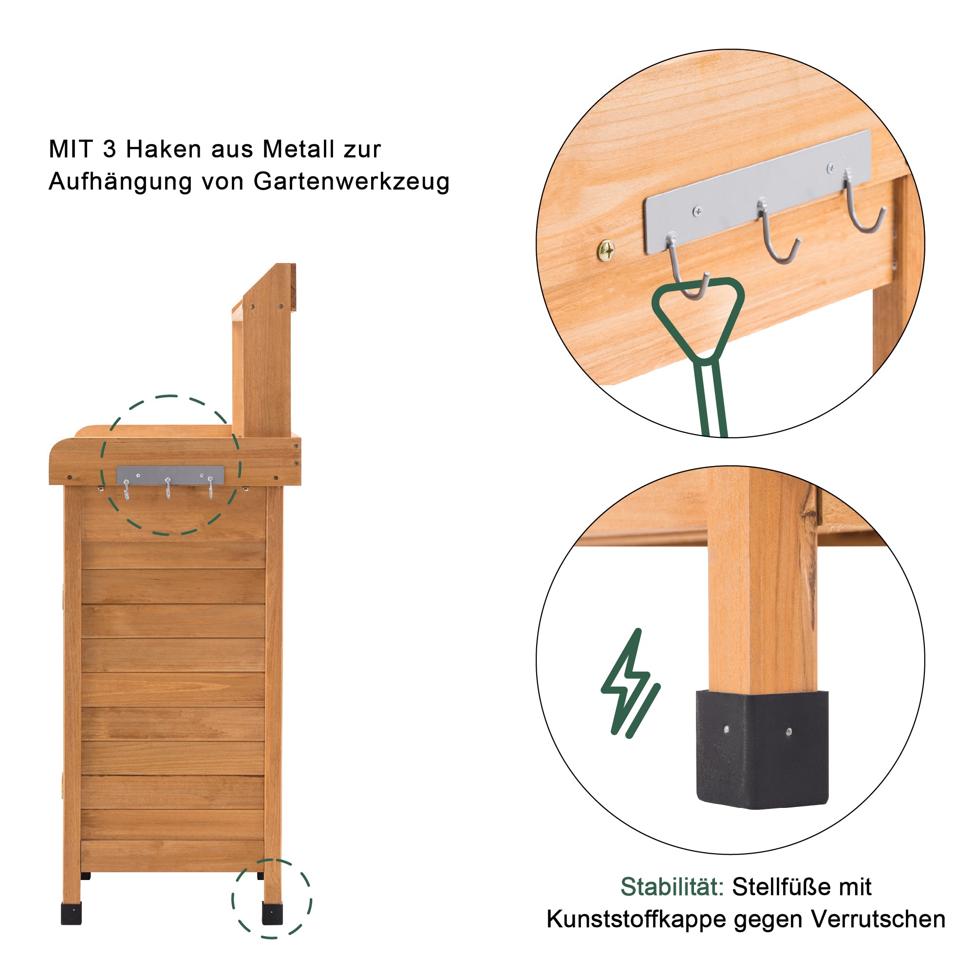 M MCombo Pflanztisch mit Schublade, Ablage, Verzinkter Arbeitsplatte & Schrank, Gärtnertisch Wetterfest mit 3 Haken, Blumentisch Massivholz für Garten, Balkon & Terrasse, 48 x112 x 126 cm, 0440