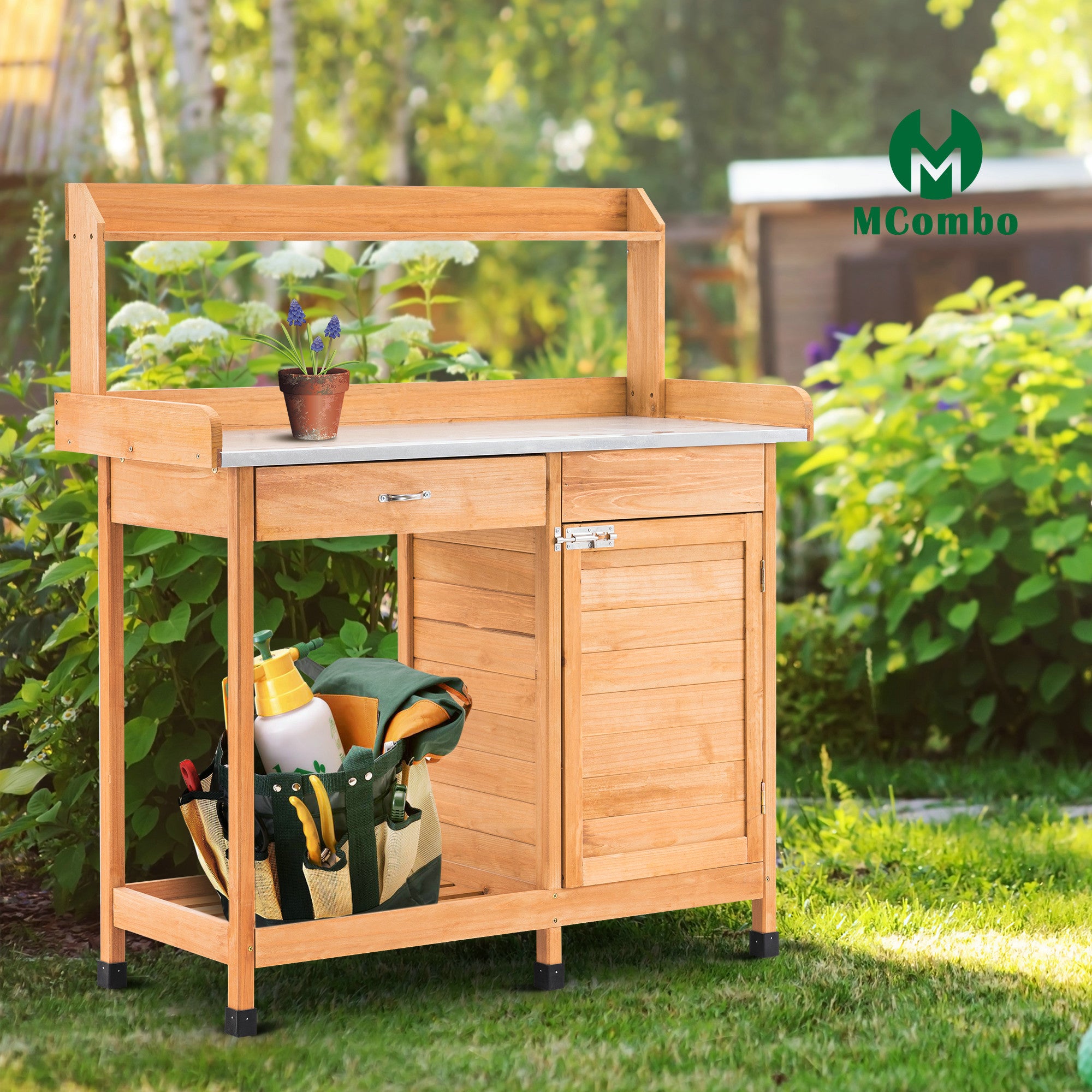 M MCombo Pflanztisch mit Schublade, Ablage, Verzinkter Arbeitsplatte & Schrank, Gärtnertisch Wetterfest mit 3 Haken, Blumentisch Massivholz für Garten, Balkon & Terrasse, 48 x112 x 126 cm, 0440