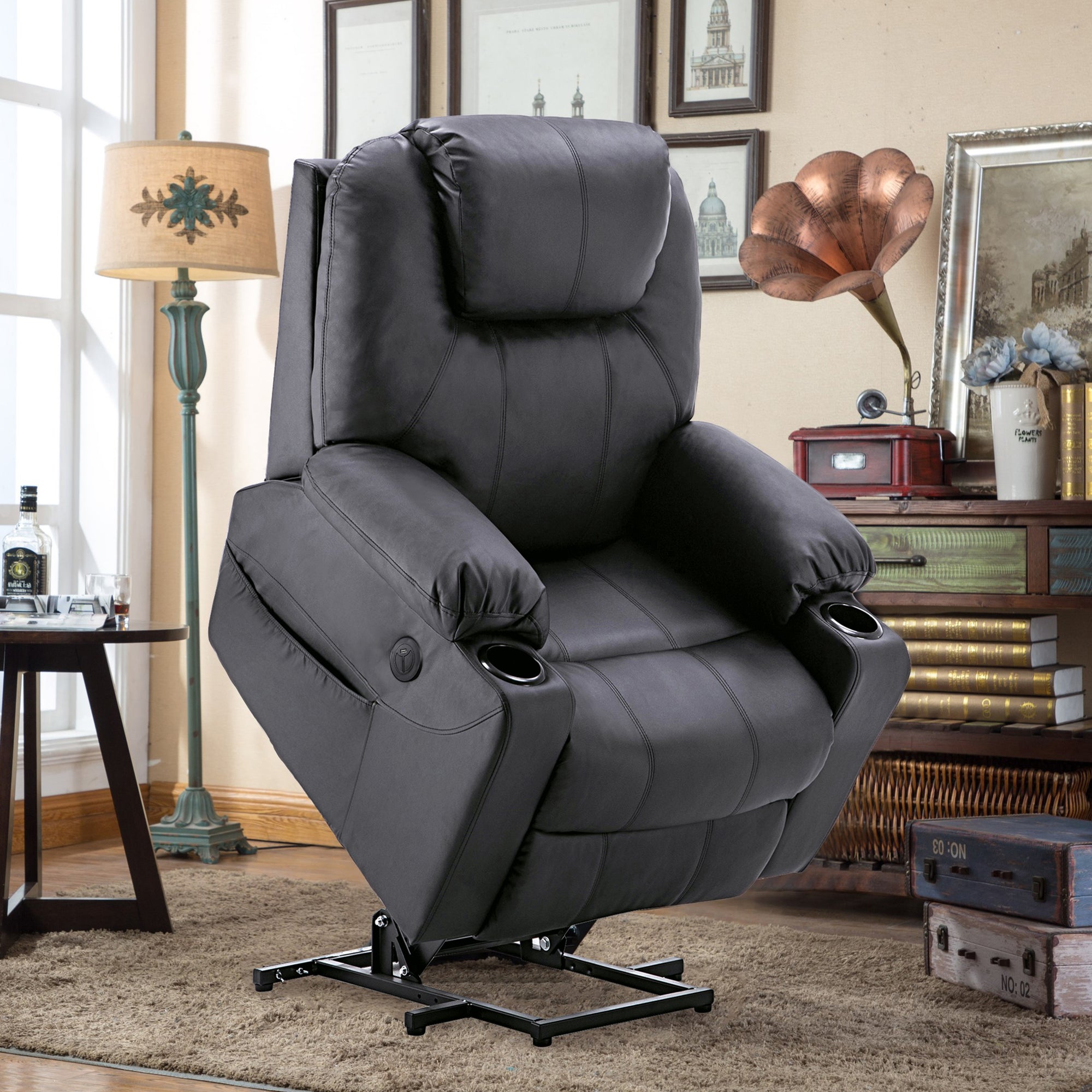 Fauteuil TV M MCombo avec rehausseur électrique, fauteuil inclinable avec fonction d'inclinaison jusqu'à 140°, fauteuil de massage avec fonction chauffante, bouton et télécommande réglables, avec USB, 7040