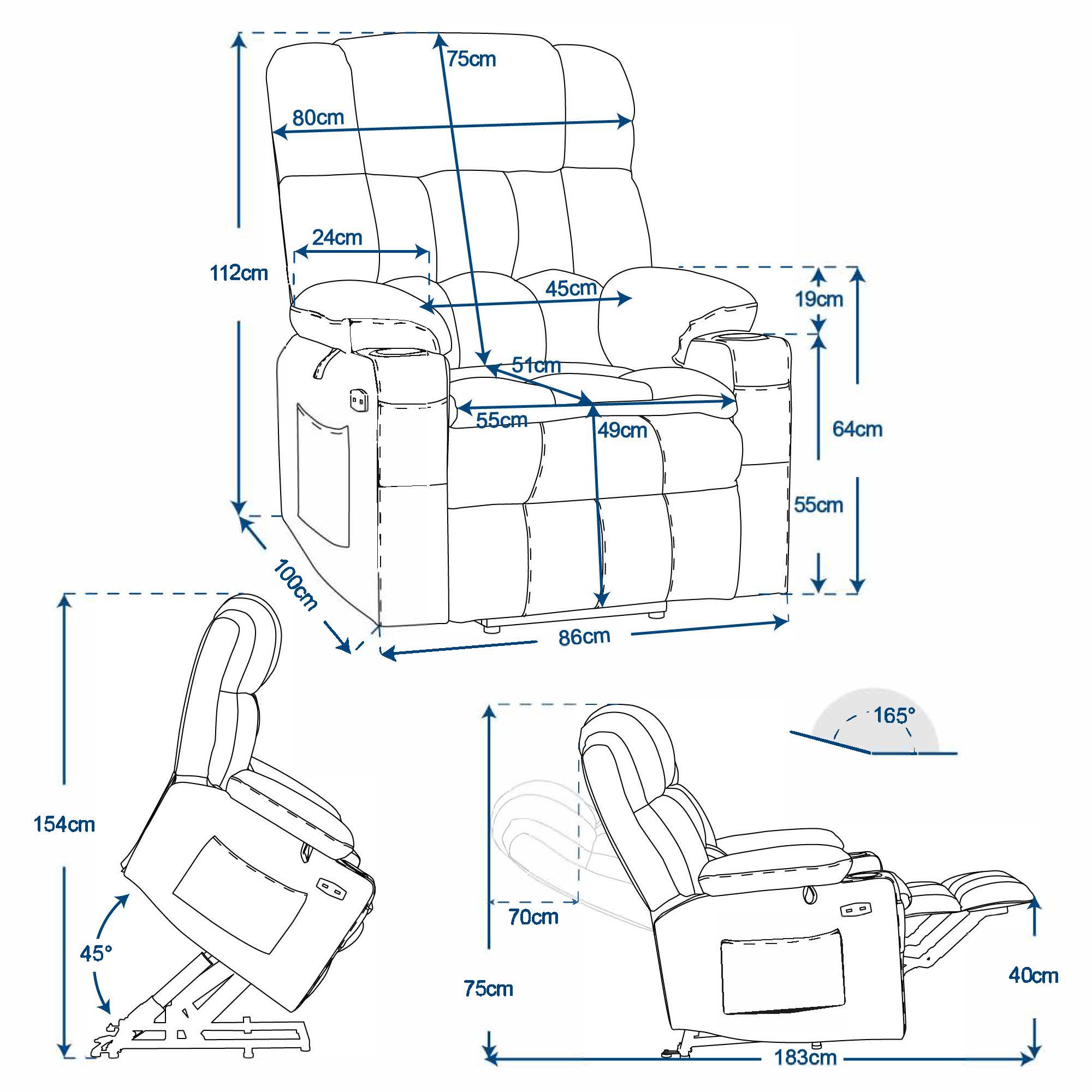 M MCombo electric stand-up relaxation chair 7546, separately adjustable with 3 motors, reclining position up to 165°, TV armchair with USB, for seniors' living room