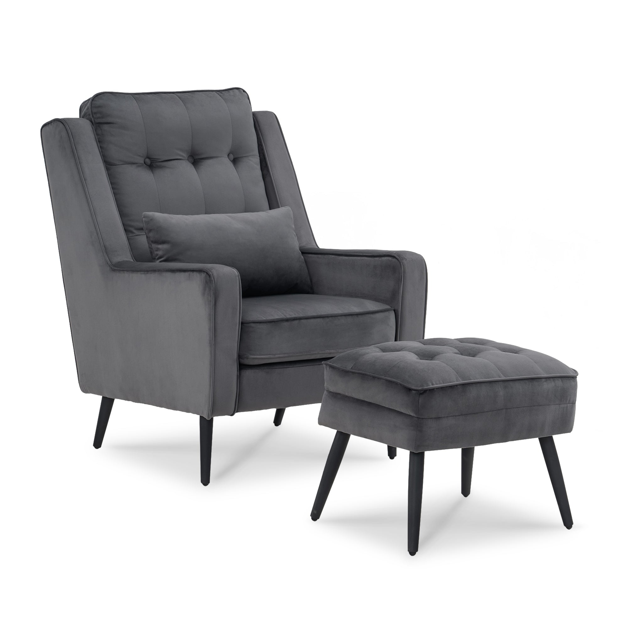 Fauteuil à oreilles MCombo revêtement velours salon, fauteuil avec coussins et pieds en métal, coussin d'assise amovible, fauteuil Chestersield, fauteuil inclinable, chaise rembourrée, capacité de charge 120KG, 7277 (avec/sans tabouret)