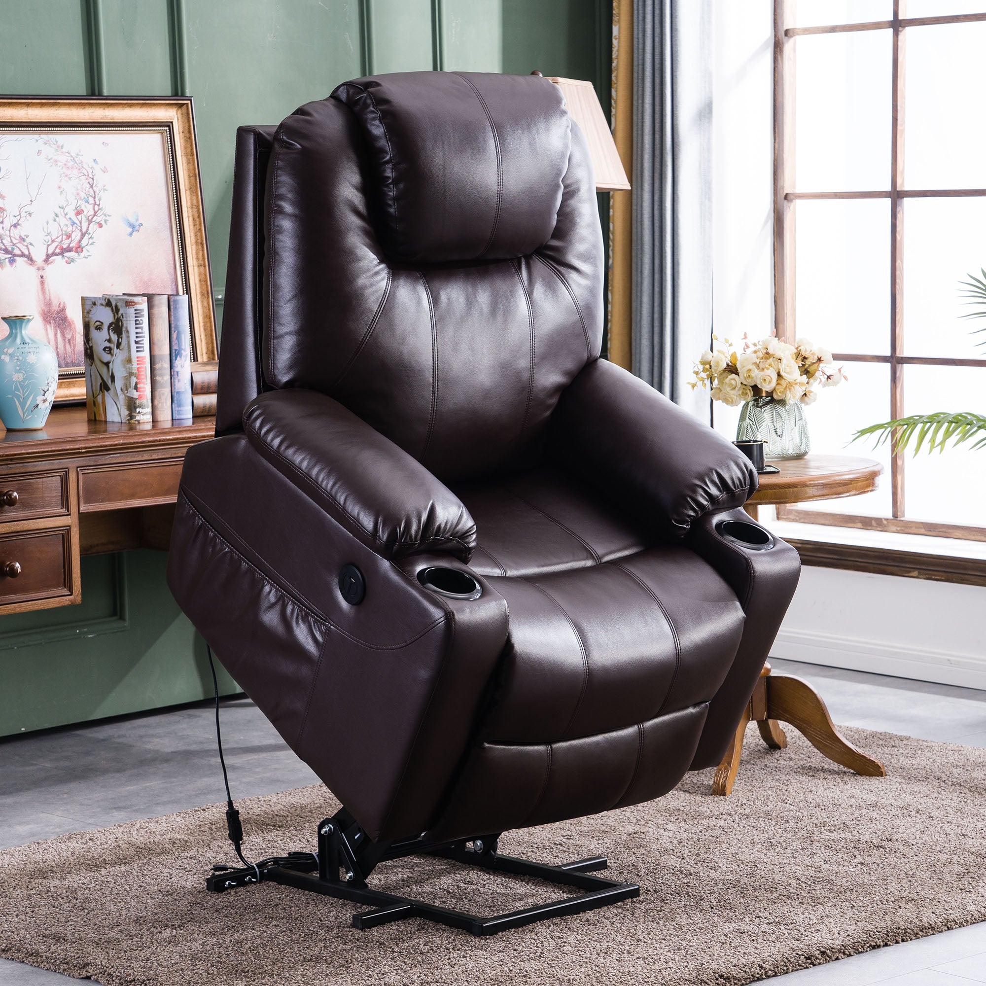 Fauteuil TV M MCombo avec rehausseur électrique, fauteuil inclinable avec fonction d'inclinaison jusqu'à 140°, fauteuil de massage avec fonction chauffante, bouton et télécommande réglables, avec USB, 7040