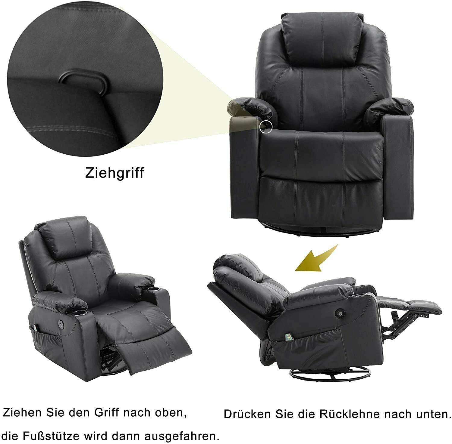 MCombo Massagesessel Relaxsessel Dreh+Schaukel manuell verstellbar Echtleder 7050