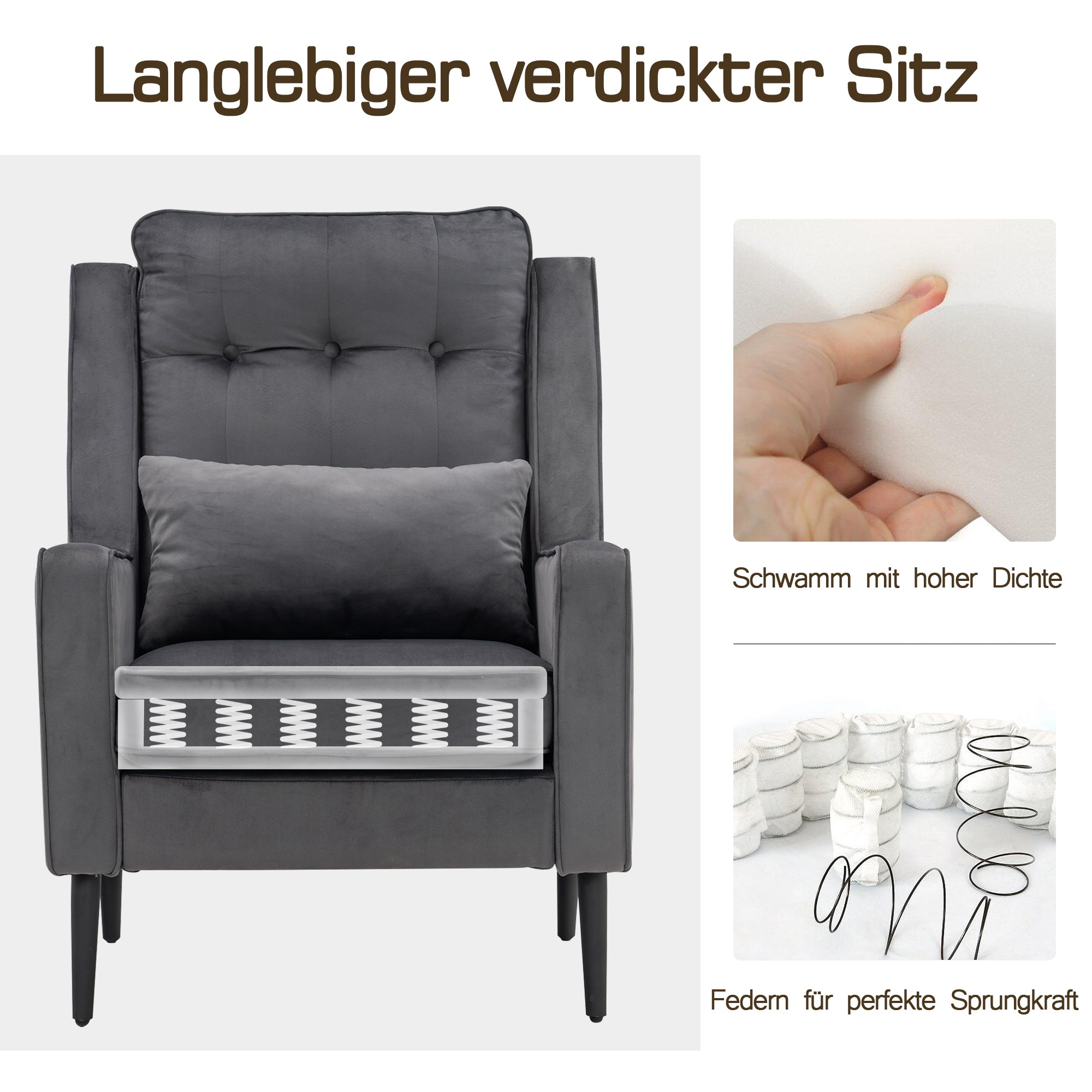 Fauteuil à oreilles MCombo revêtement velours salon, fauteuil avec coussins et pieds en métal, coussin d'assise amovible, fauteuil Chestersield, fauteuil inclinable, chaise rembourrée, capacité de charge 120KG, 7277 (avec/sans tabouret)
