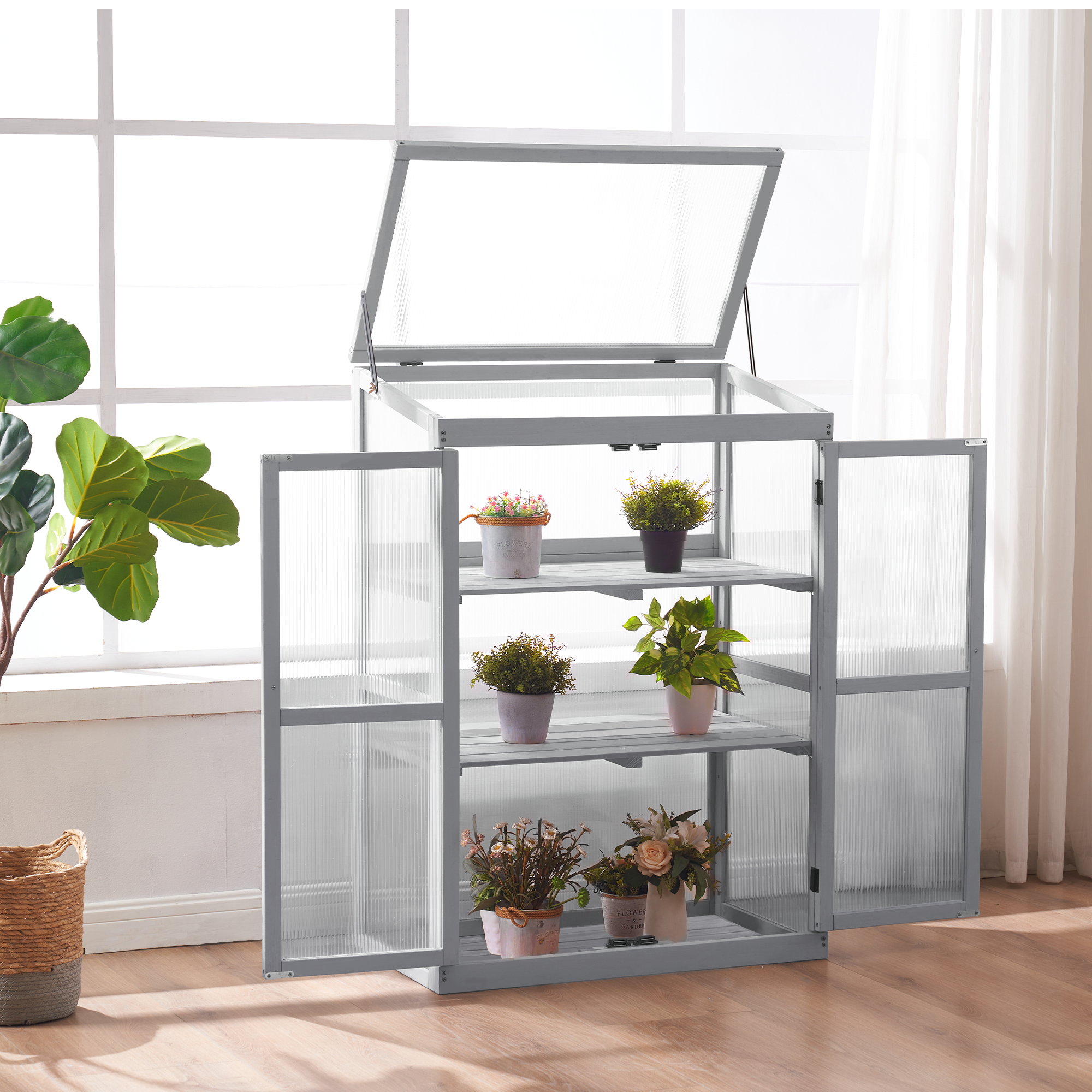 M MCombo greenhouse cold frame made of wood, for balcony & garden, small greenhouse attachment box winterproof, 46*76*110cm, 0760