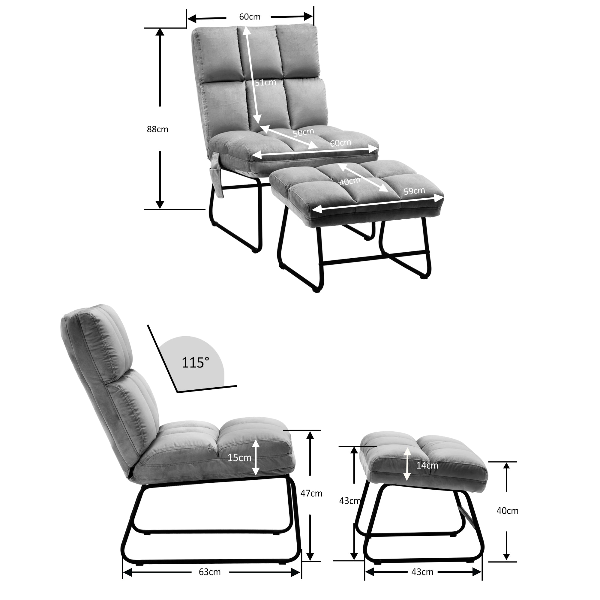 MCombo armchair with stool, relaxation armchair for living room, modern TV armchair, lounge chair, microfibre/velvet, 0016/0014