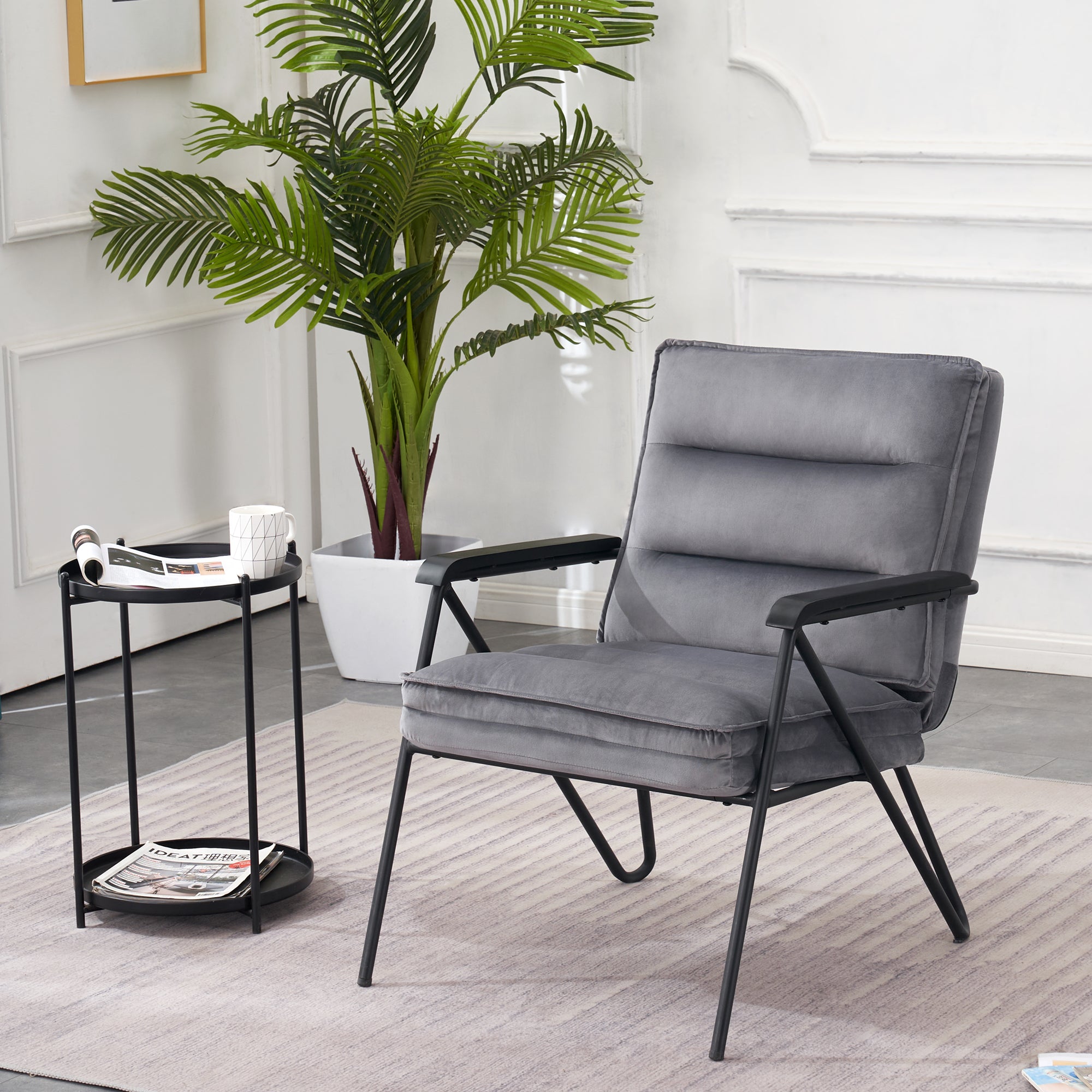 MCombo Gray Relax Chair with Stool, Comfortable Upholstered Chair, Modern Living Room Chair, Velvet, 4750DE