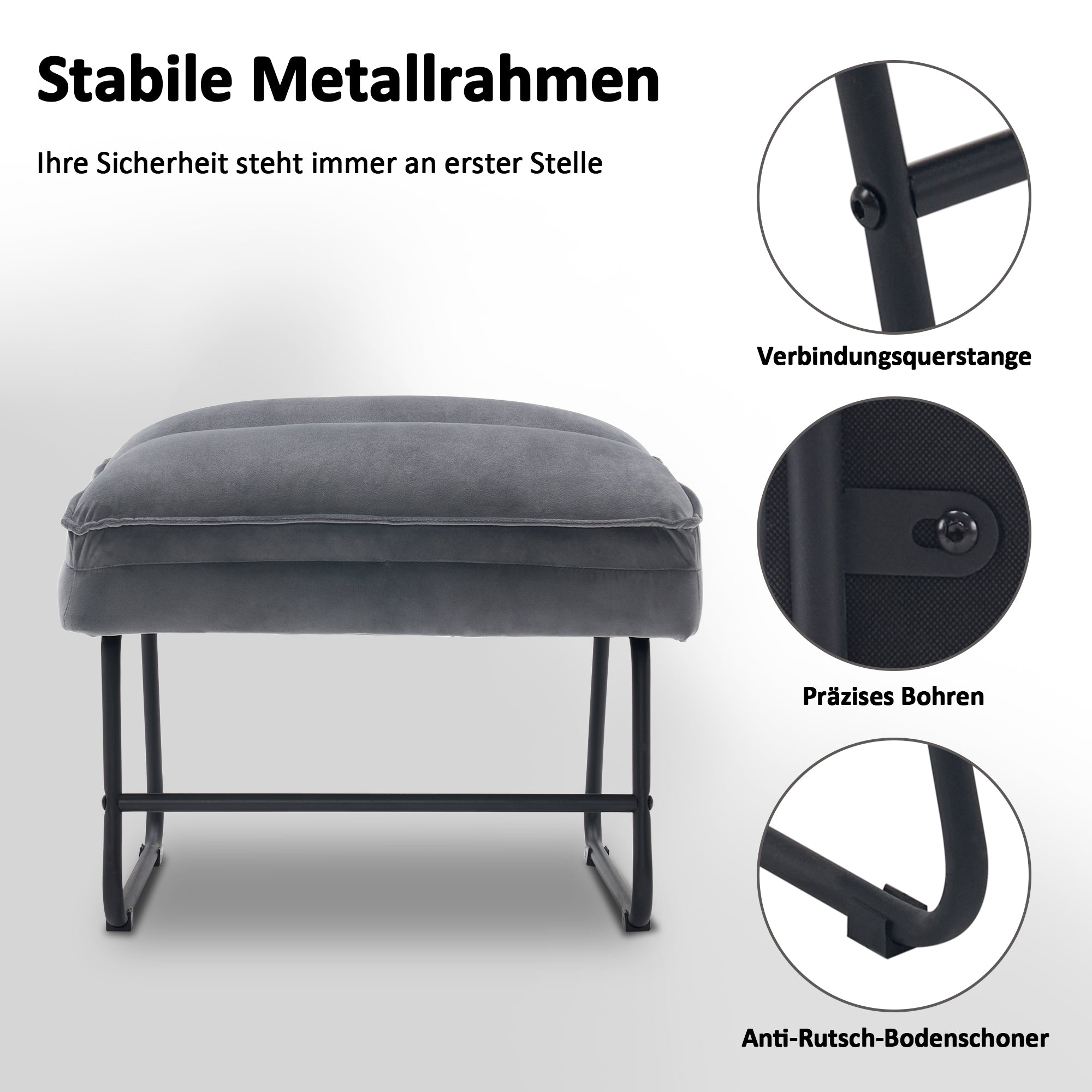 MCombo Gray Relax Chair with Stool, Comfortable Upholstered Chair, Modern Living Room Chair, Velvet, 4750DE