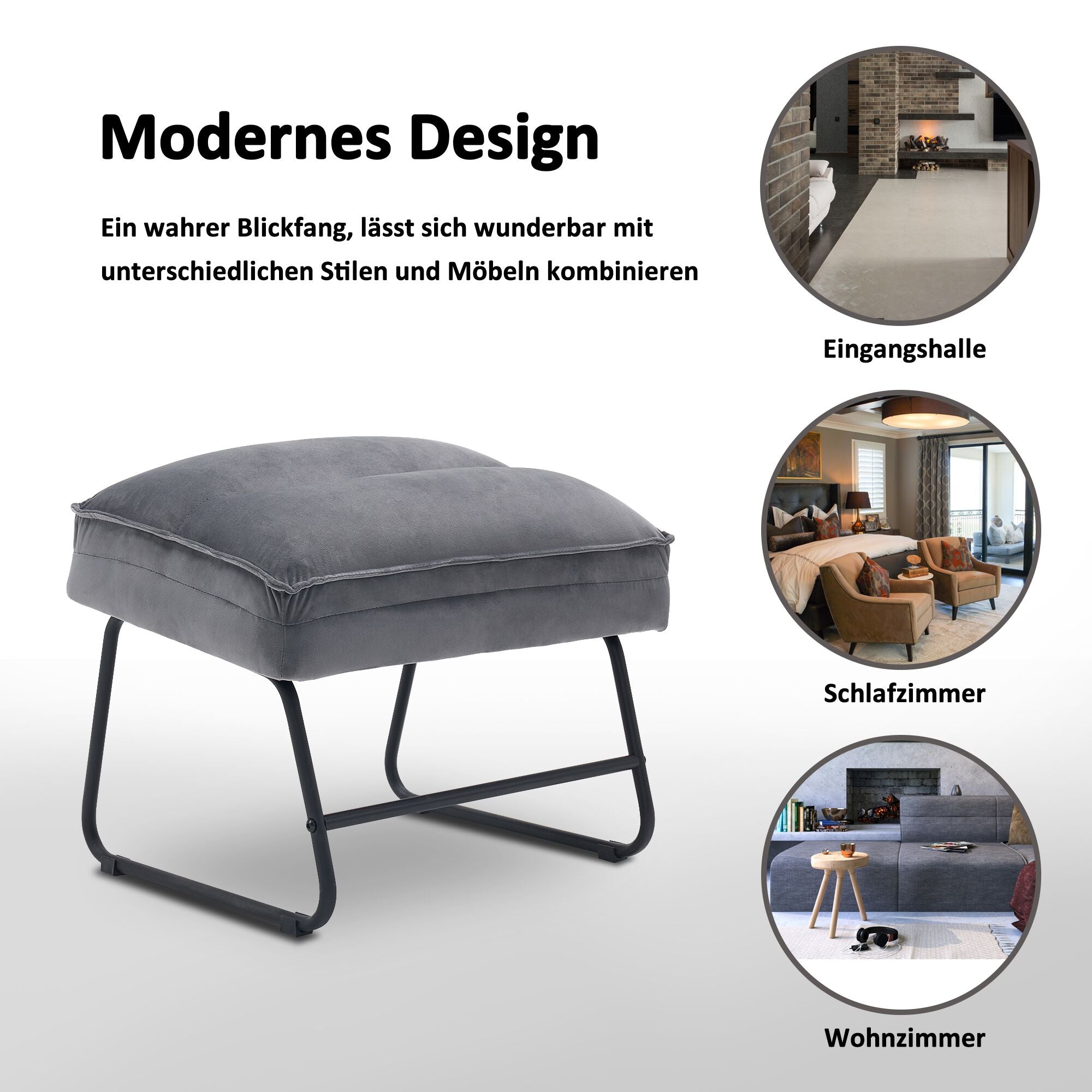 MCombo Gray Relax Chair with Stool, Comfortable Upholstered Chair, Modern Living Room Chair, Velvet, 4750DE