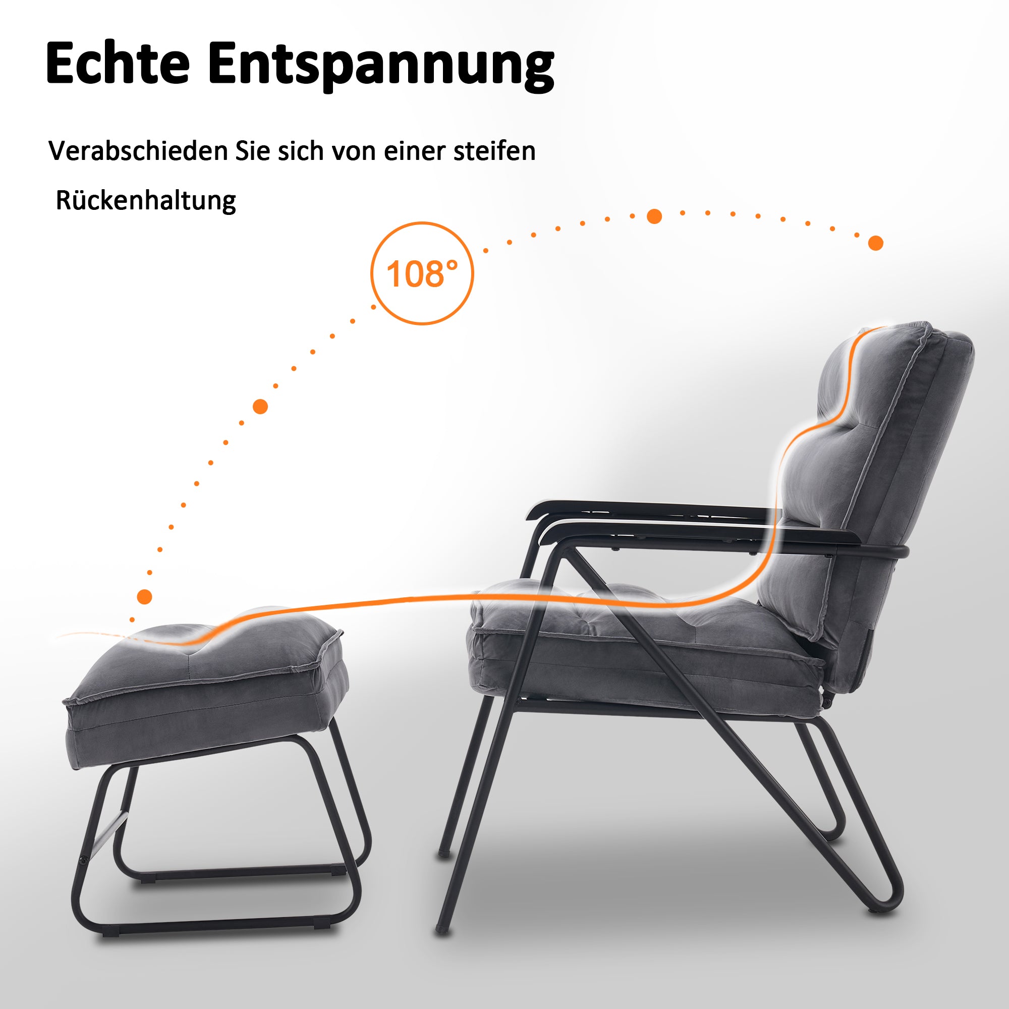 MCombo Gray Relax Chair with Stool, Comfortable Upholstered Chair, Modern Living Room Chair, Velvet, 4750DE