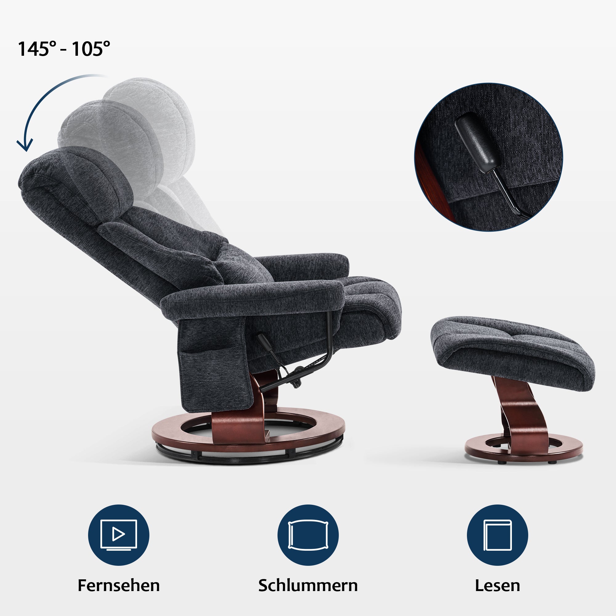 M MCombo Relaxing Chair with Stool, 360° Rotating TV Chair with Reclining Function, Load Capacity up to 120 kg, Modern Recliner Chair for the Living Room, 9066