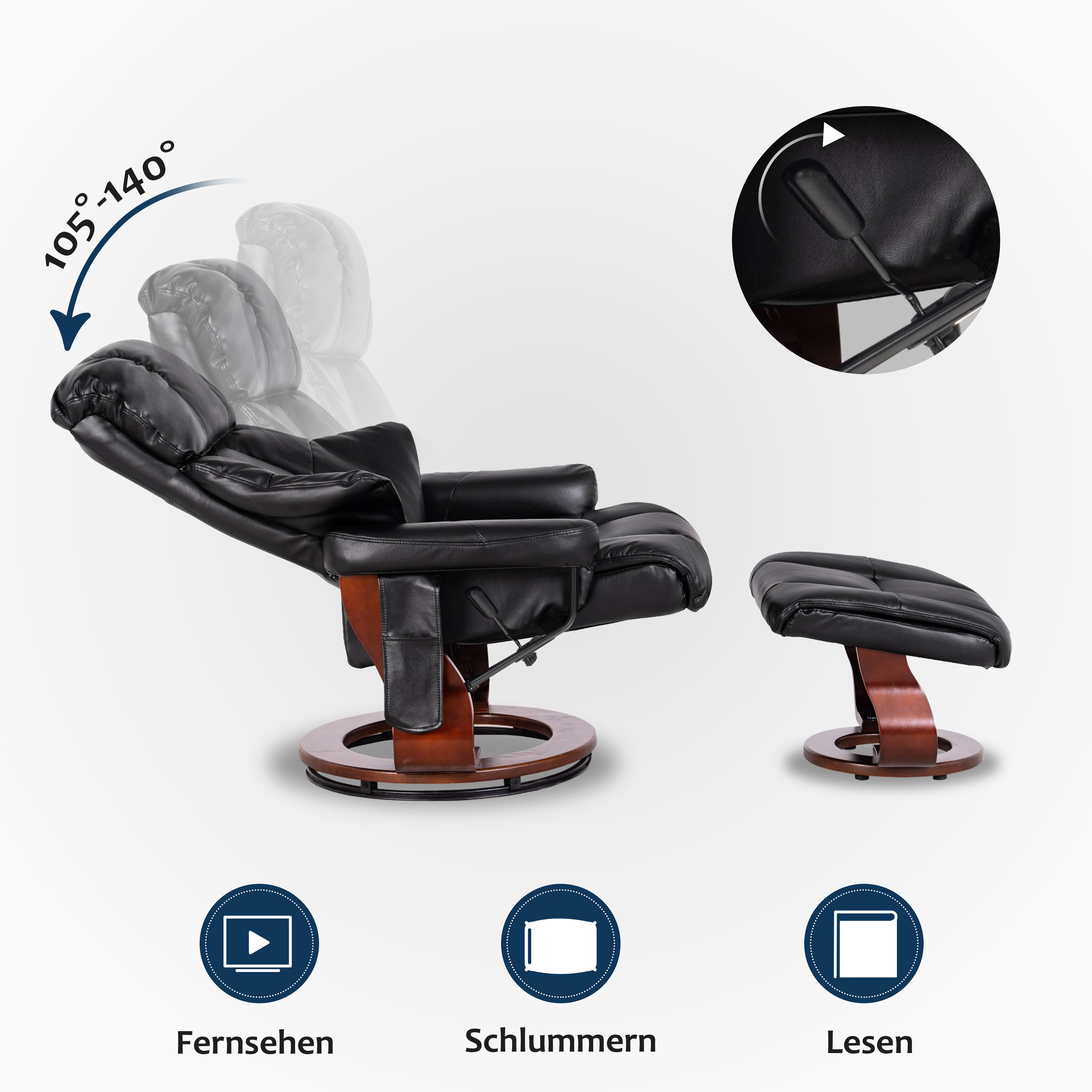 MCombo massage chair with stool, 360° rotating reclining chair, modern TV chair with side pocket for living room, faux leather, 9068