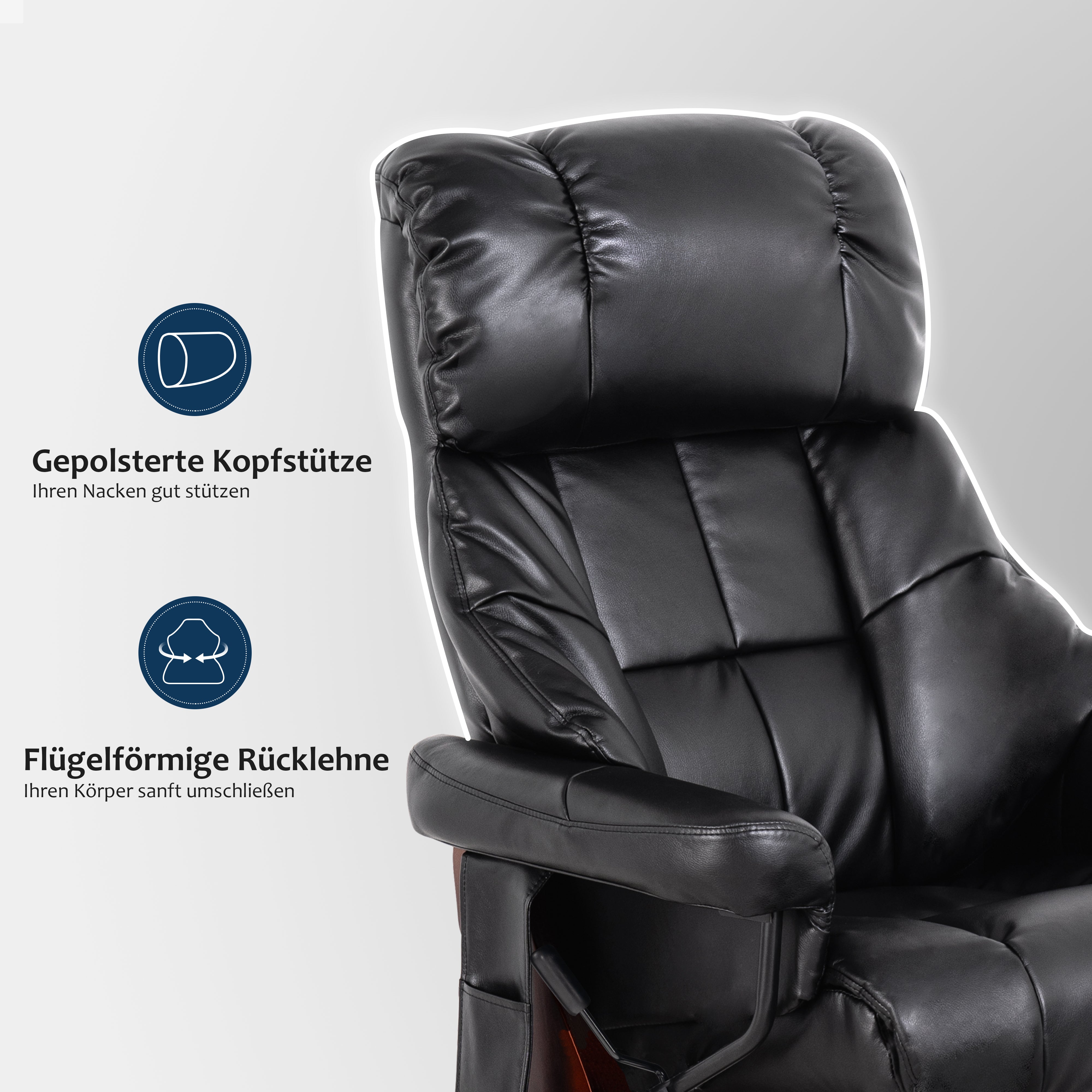 MCombo massage chair with stool, 360° rotating reclining chair, modern TV chair with side pocket for living room, faux leather, 9068
