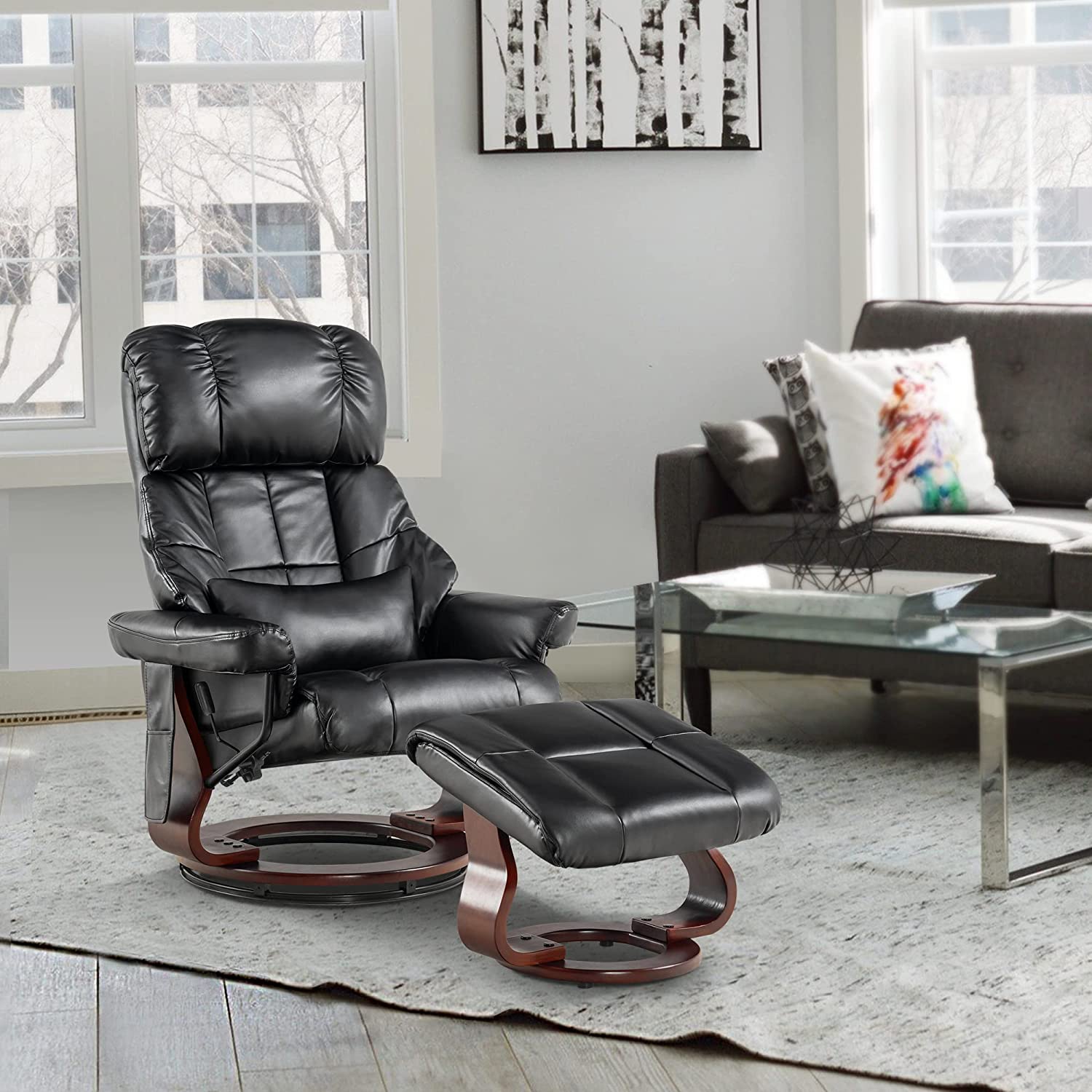 MCombo massage chair with stool, 360° rotating reclining chair, modern TV chair with side pocket for living room, faux leather, 9068