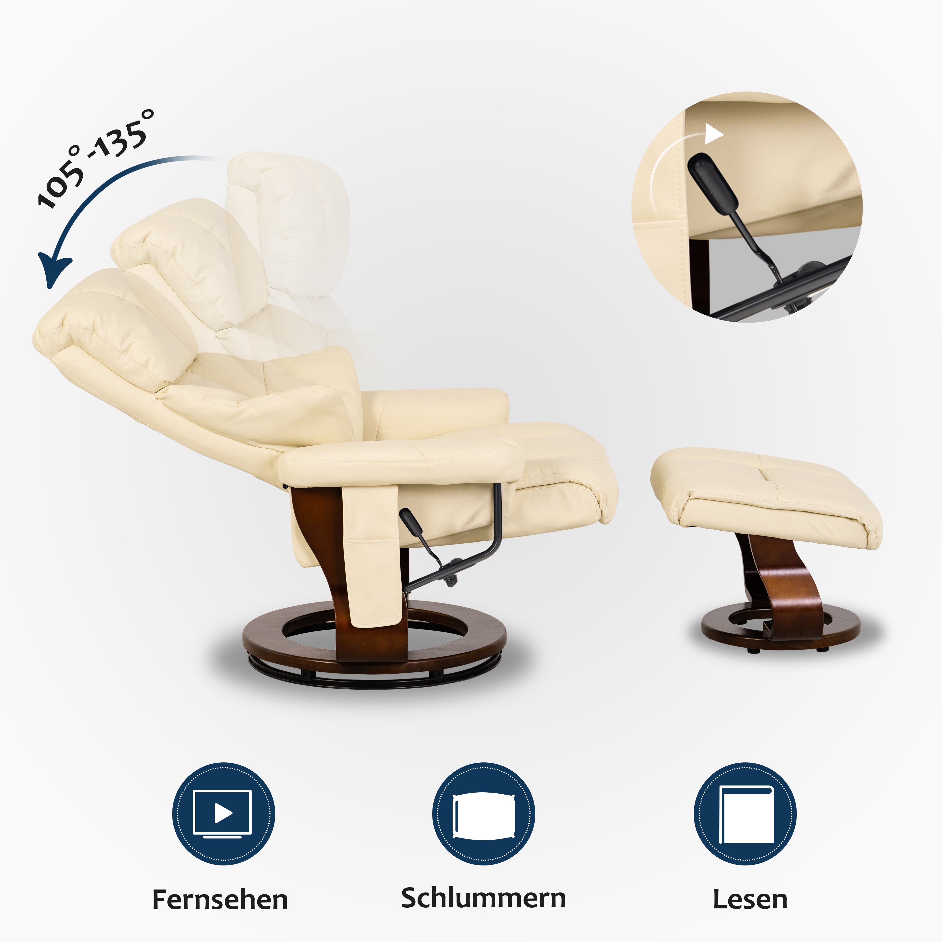 MCombo massage chair with stool, 360° rotating reclining chair, modern TV chair with side pocket for living room, faux leather, 9068
