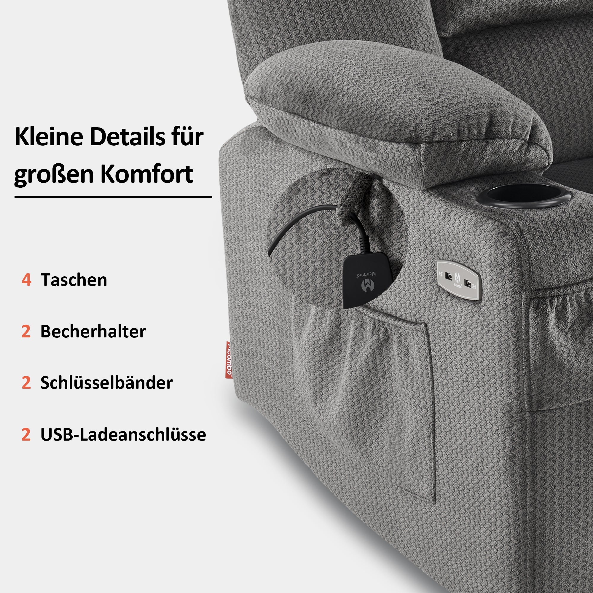 M MCombo TV armchair electrically adjustable 7008, relaxation armchair with reclining function, TV armchair with massage & heat function, USB & cup holder, living room