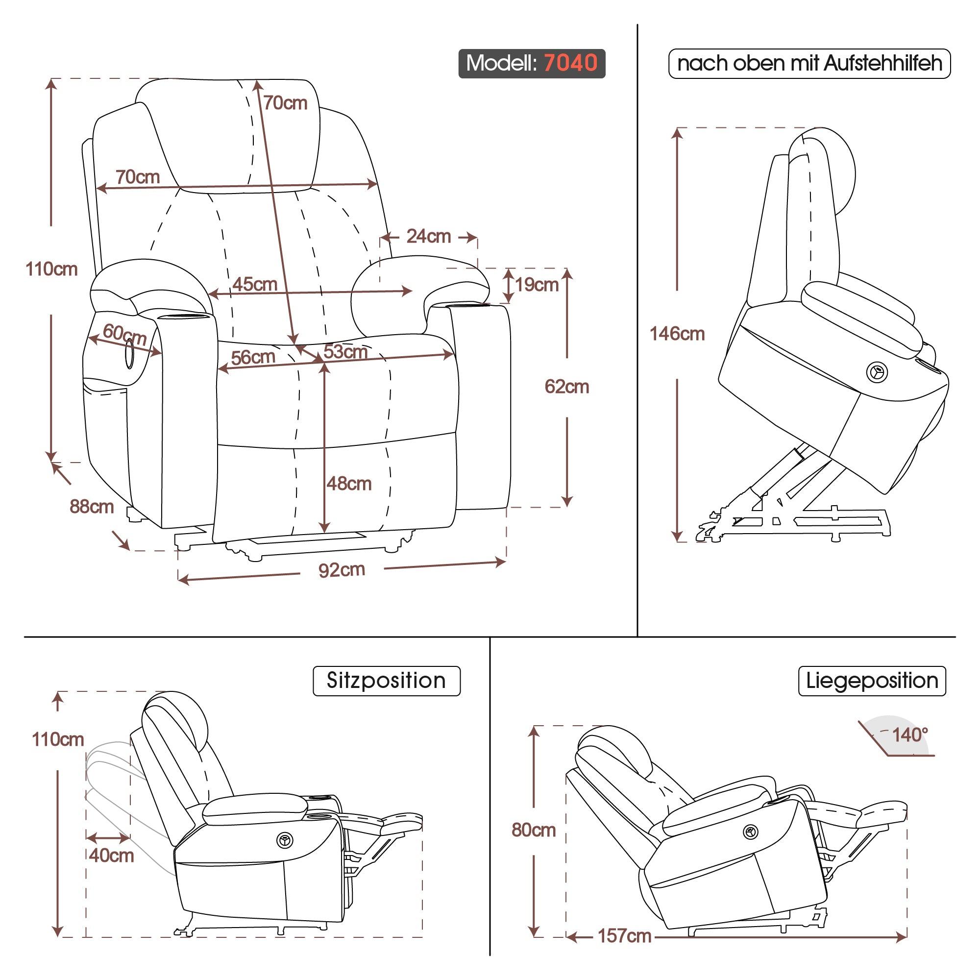 Fauteuil TV M MCombo avec rehausseur électrique, fauteuil inclinable avec fonction d'inclinaison jusqu'à 140°, fauteuil de massage avec fonction chauffante, bouton et télécommande réglables, avec USB, 7040