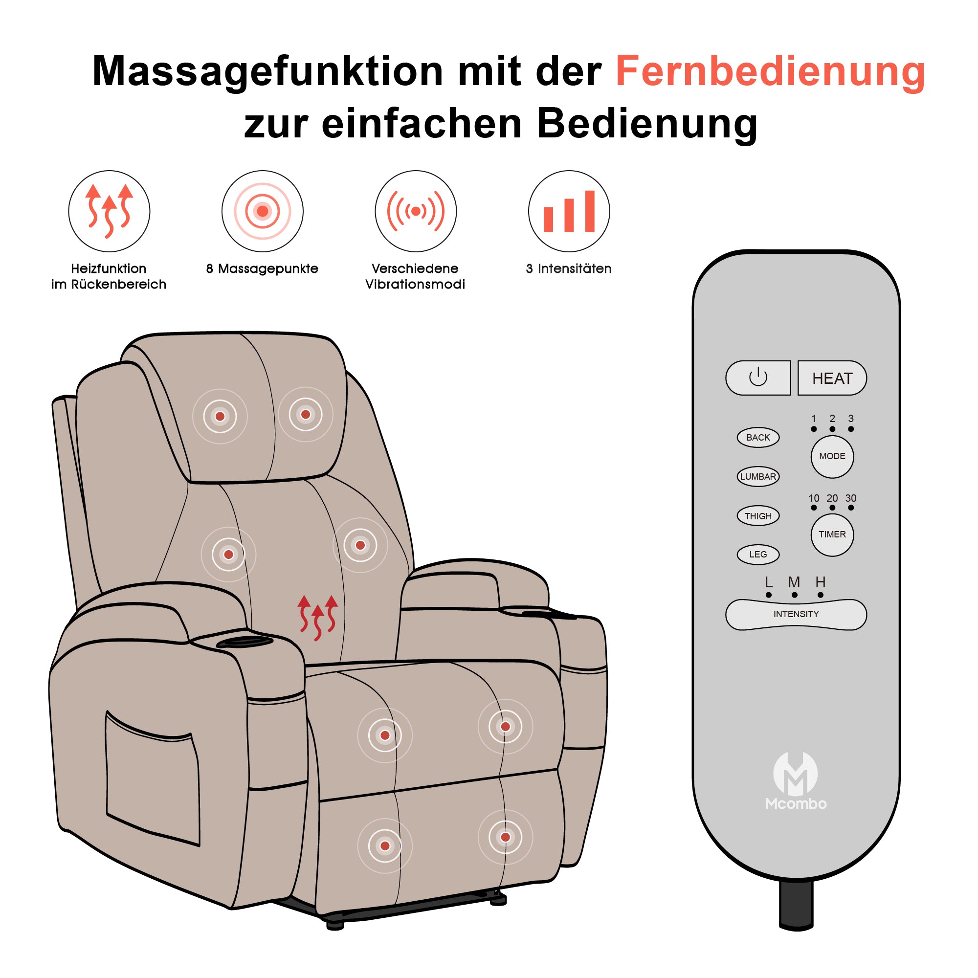 MCombo electric relaxation chair, massage chair, TV chair, reclining function, vibration heating 7061