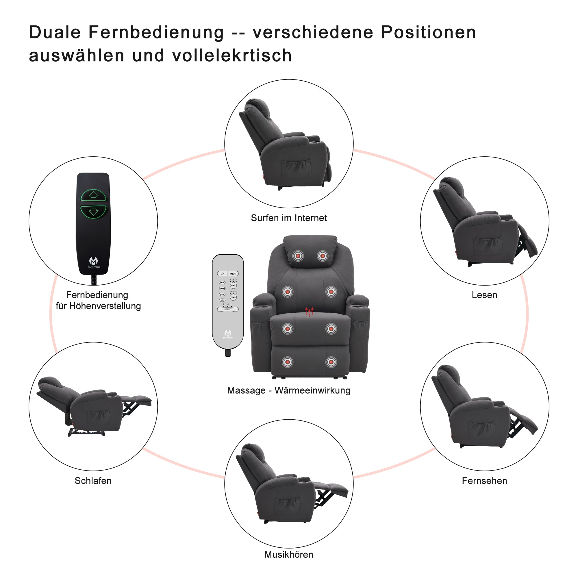 MCombo electric relaxation chair, massage chair, TV chair, reclining function, vibration heating 7061