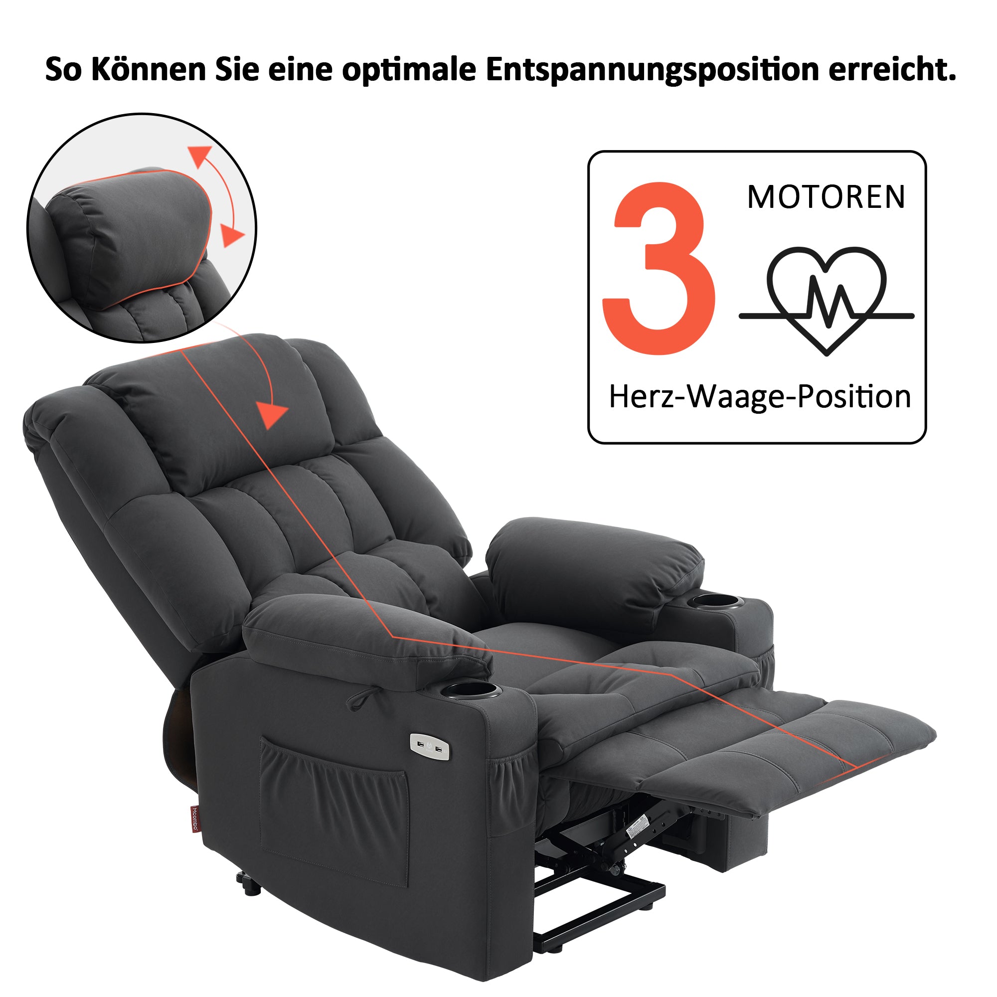 M MCombo electric stand-up relaxation chair 7546, separately adjustable with 3 motors, reclining position up to 165°, TV armchair with USB, for seniors' living room