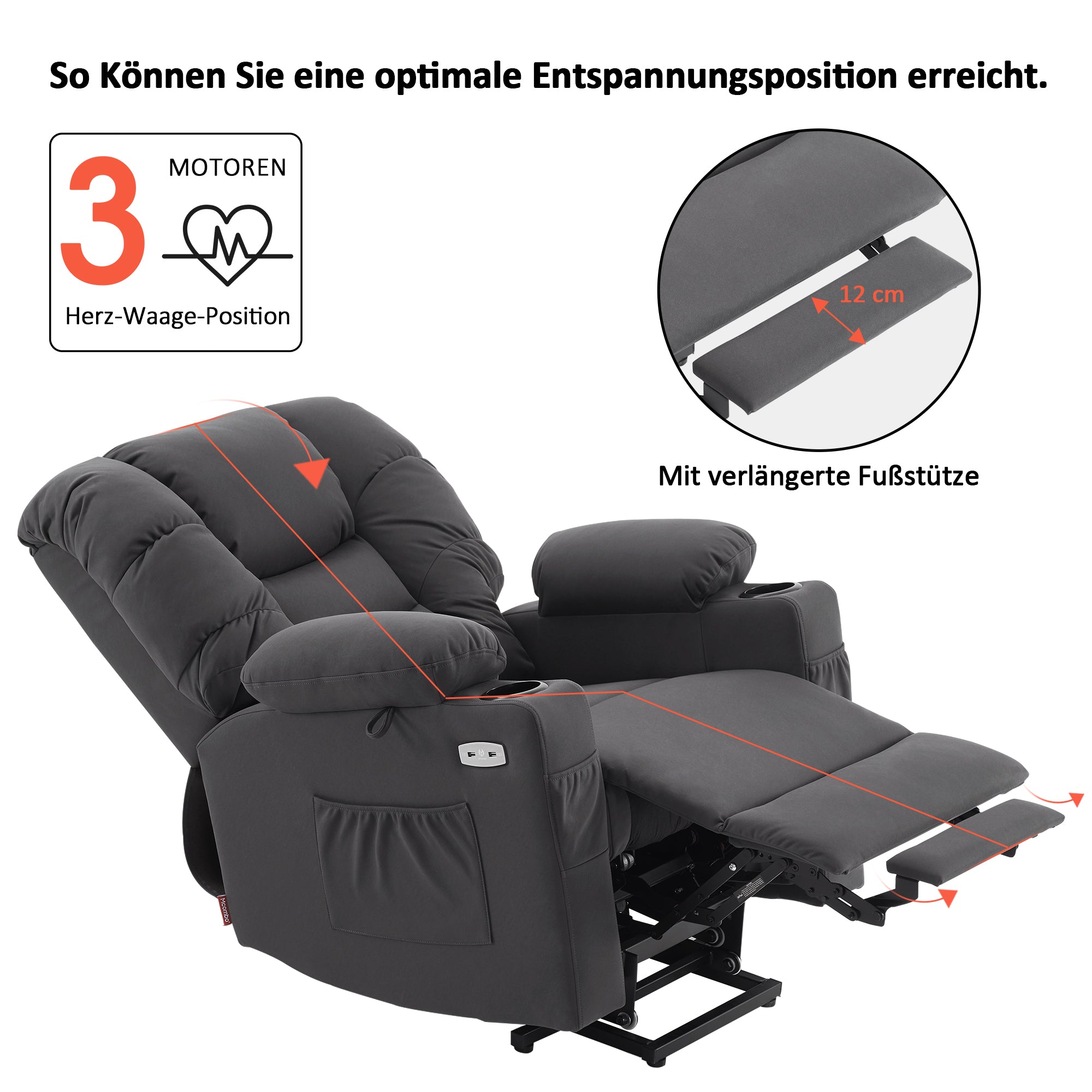 Fauteuil inclinable électrique M MCombo 7550, avec 3 moteurs réglables séparément, position inclinable jusqu'à 170°, repose-pieds allongé, USB, pour salon seniors
